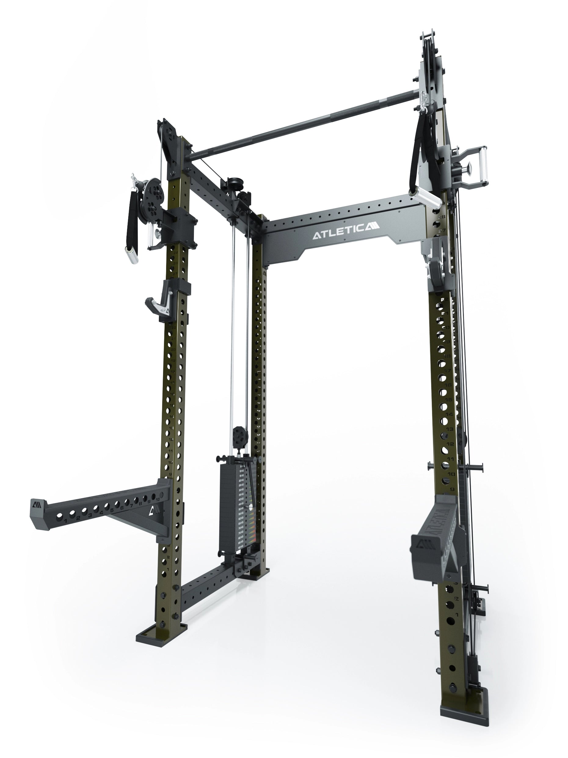 Dualer Kabelzug mit 2x95kg seitlichen Gewichtsblöcken | Sehr stabil und platzsparend | Modular ausbaubar mit Anbauteilen wie Smith Machine und Jammer Arms I Military Green 