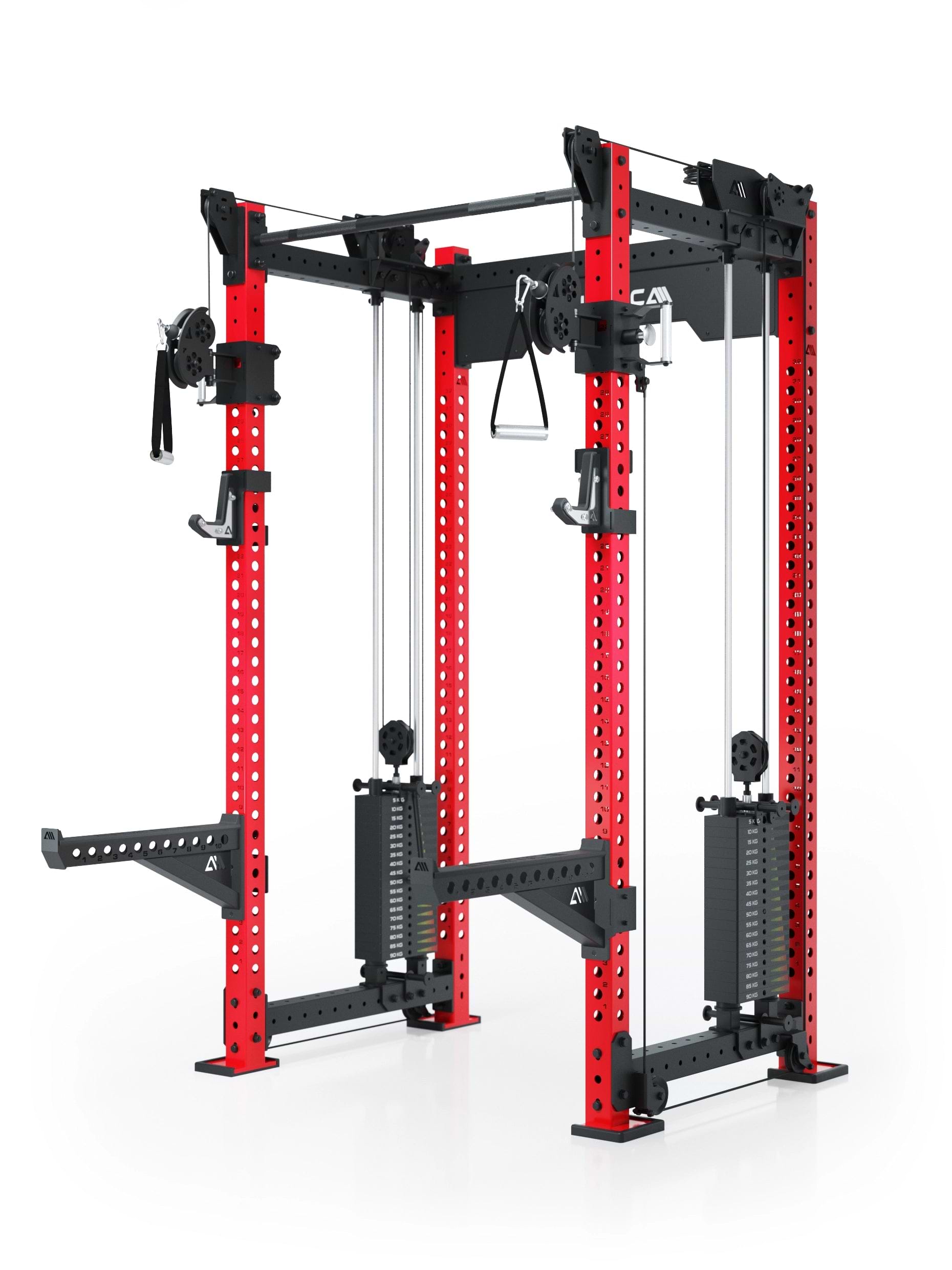 Dualer Kabelzug mit 2x95kg seitlichen Gewichtsblöcken | Sehr stabil und platzsparend | Modular ausbaubar mit Anbauteilen wie Smith Machine und Jammer Arms I Electric Rot