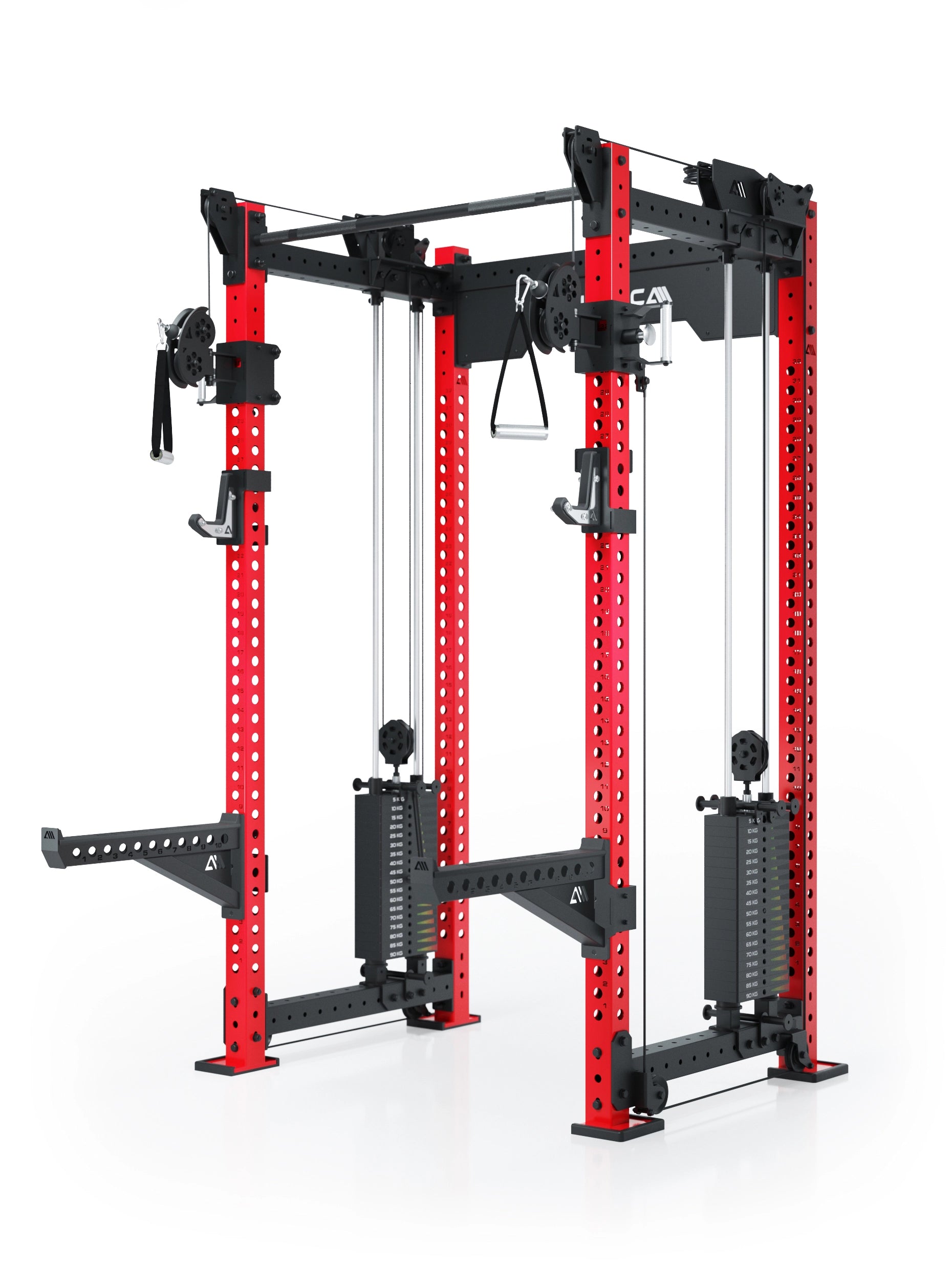 Dualer Kabelzug mit 2x95kg seitlichen Gewichtsblöcken | Sehr stabil und platzsparend | Modular ausbaubar mit Anbauteilen wie Smith Machine und Jammer Arms I Electric Rot