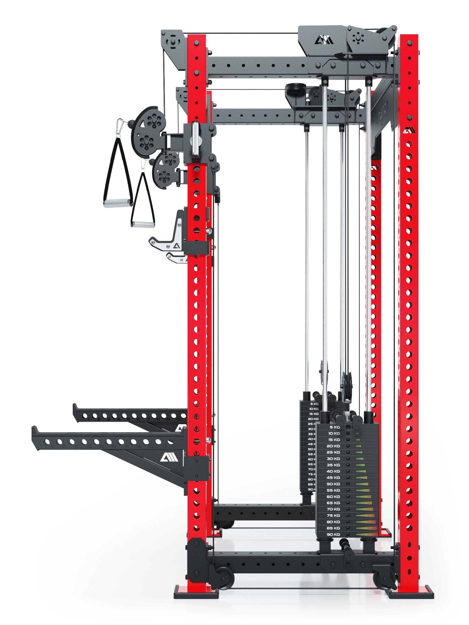 Dualer Kabelzug mit 2x95kg seitlichen Gewichtsblöcken | Sehr stabil und platzsparend | Modular ausbaubar mit Anbauteilen wie Smith Machine und Jammer Arms I Electric Rot