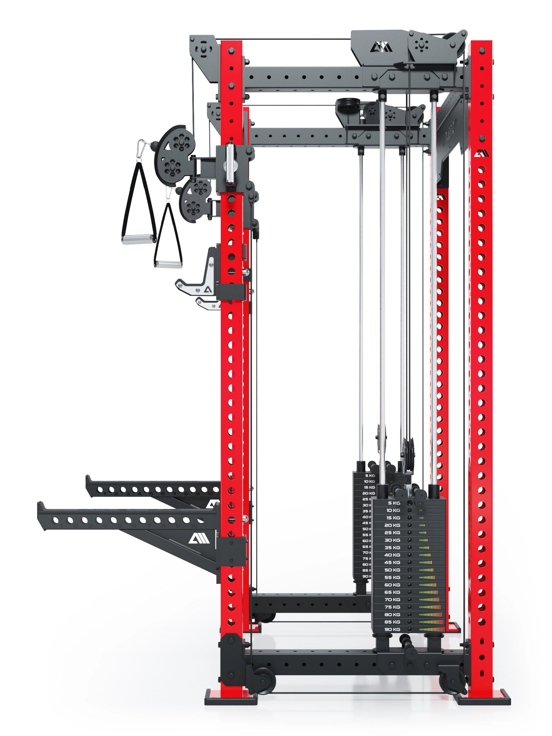 Dualer Kabelzug mit 2x95kg seitlichen Gewichtsblöcken | Sehr stabil und platzsparend | Modular ausbaubar mit Anbauteilen wie Smith Machine und Jammer Arms I Electric Rot