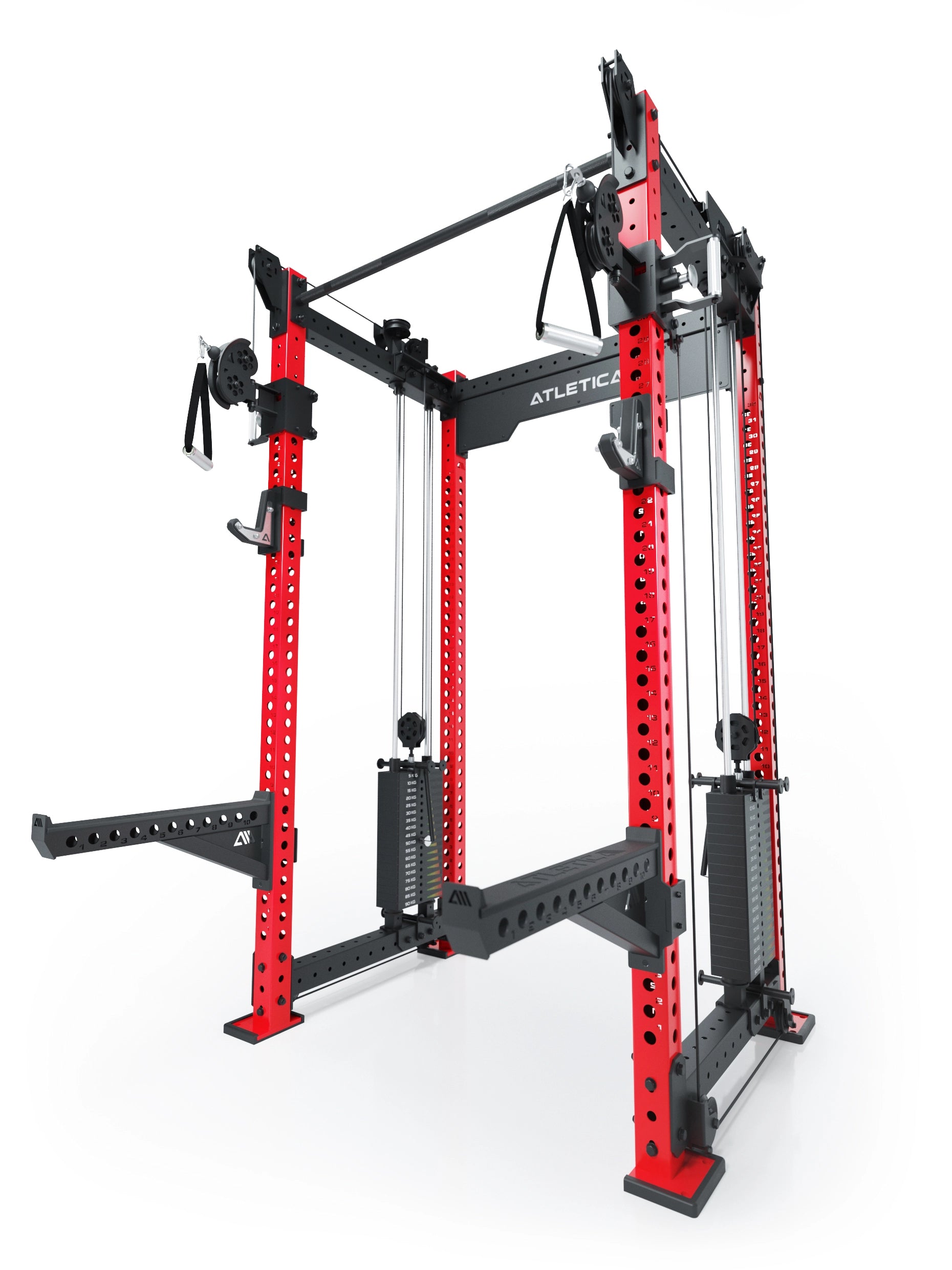 Dualer Kabelzug mit 2x95kg seitlichen Gewichtsblöcken | Sehr stabil und platzsparend | Modular ausbaubar mit Anbauteilen wie Smith Machine und Jammer Arms I Electric Rot