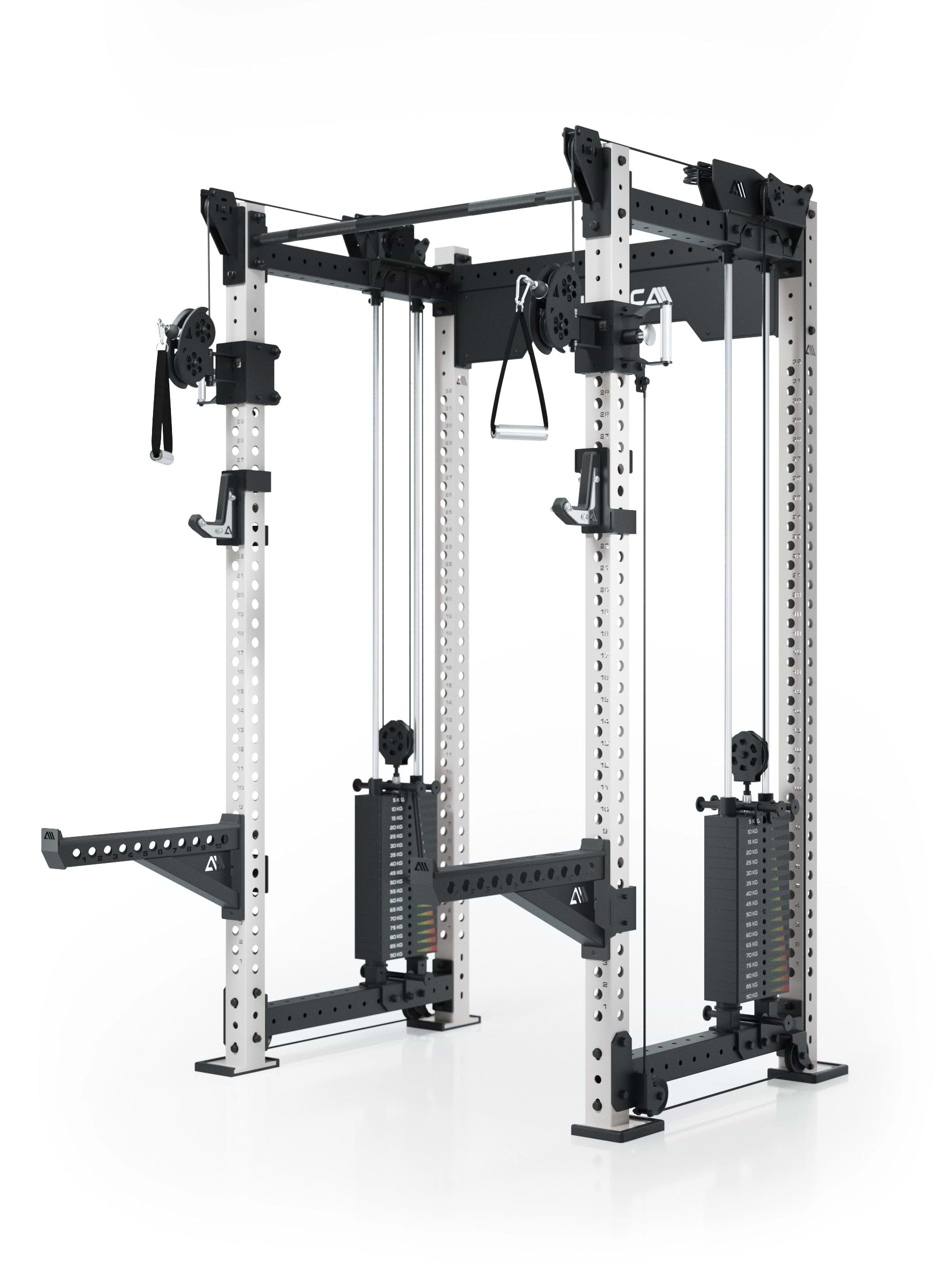 Dualer Kabelzug mit 2x95kg seitlichen Gewichtsblöcken | Sehr stabil und platzsparend | Modular ausbaubar mit Anbauteilen wie Smith Machine und Jammer Arms I Weiß