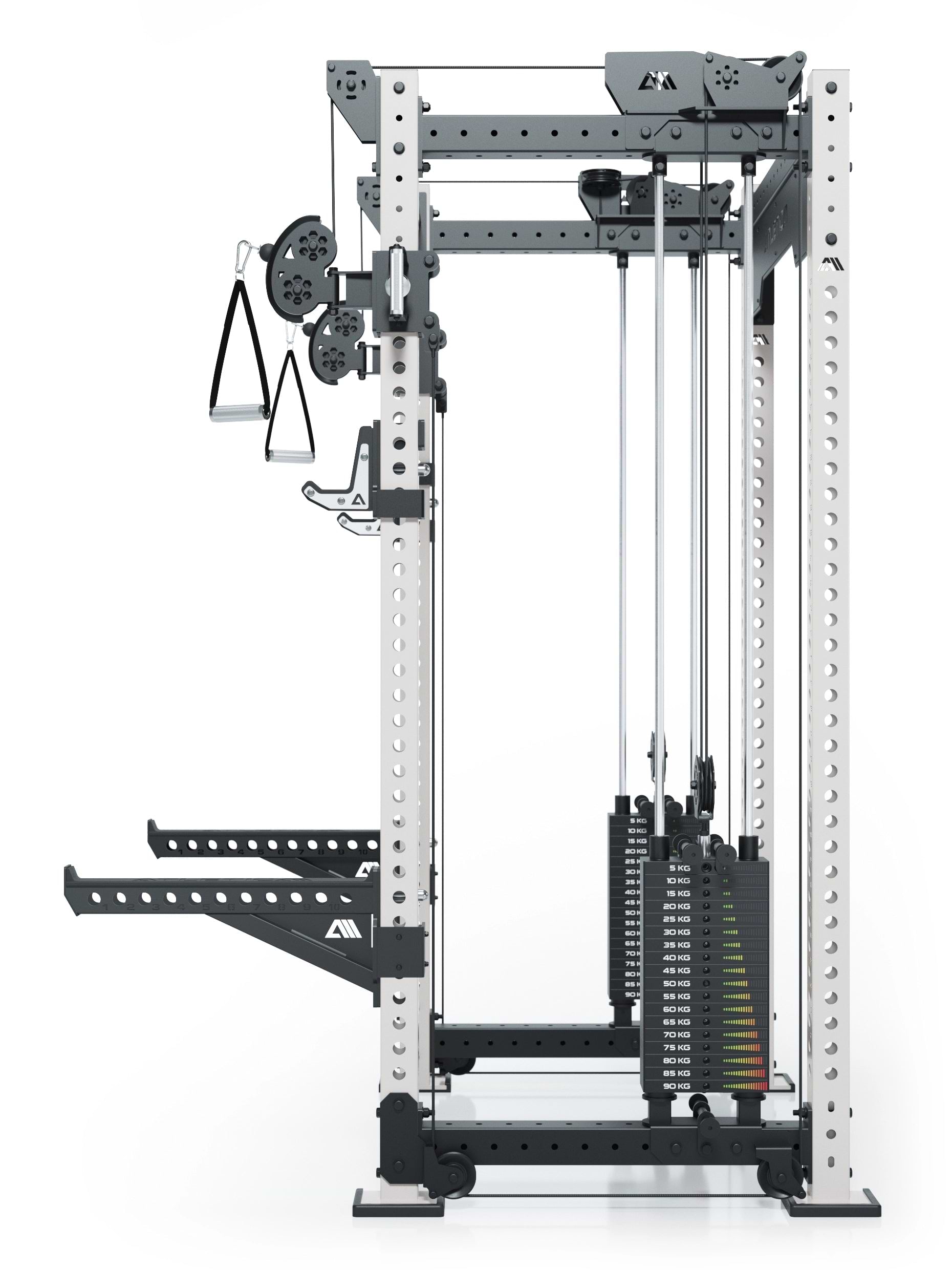 Dualer Kabelzug mit 2x95kg seitlichen Gewichtsblöcken | Sehr stabil und platzsparend | Modular ausbaubar mit Anbauteilen wie Smith Machine und Jammer Arms I Weiß