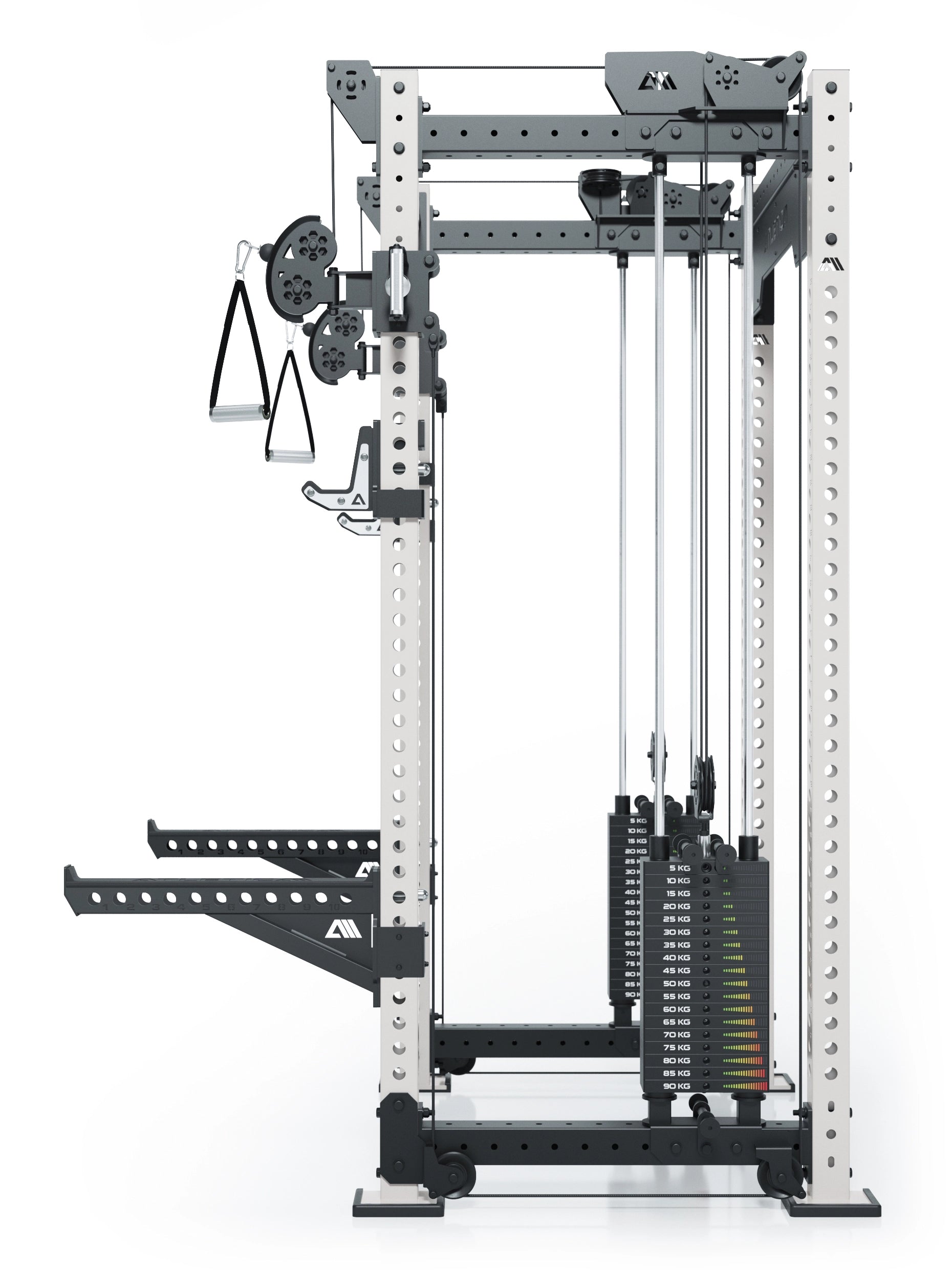 Dualer Kabelzug mit 2x95kg seitlichen Gewichtsblöcken | Sehr stabil und platzsparend | Modular ausbaubar mit Anbauteilen wie Smith Machine und Jammer Arms I Weiß