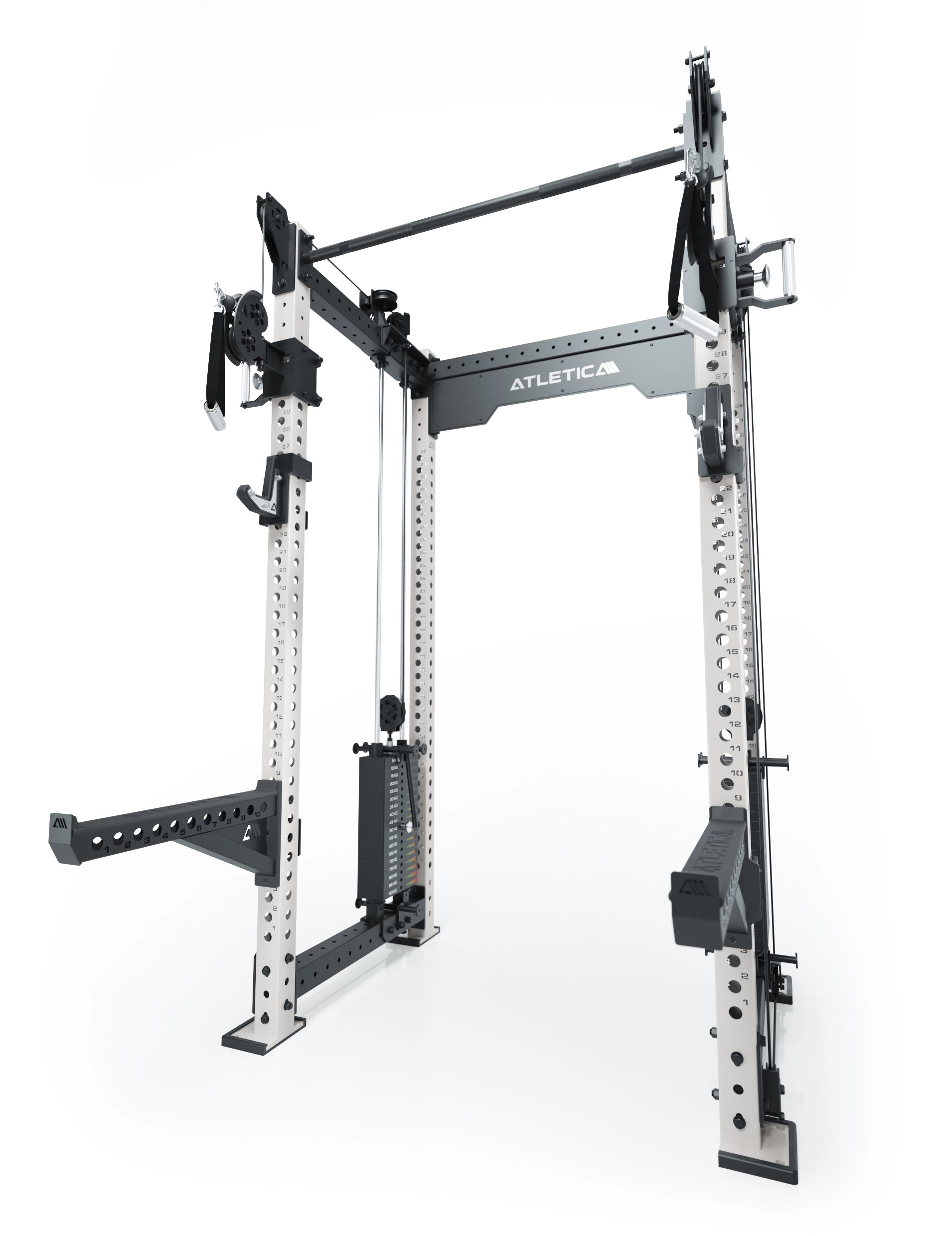 Dualer Kabelzug mit 2x95kg seitlichen Gewichtsblöcken | Sehr stabil und platzsparend | Modular ausbaubar mit Anbauteilen wie Smith Machine und Jammer Arms I Weiß