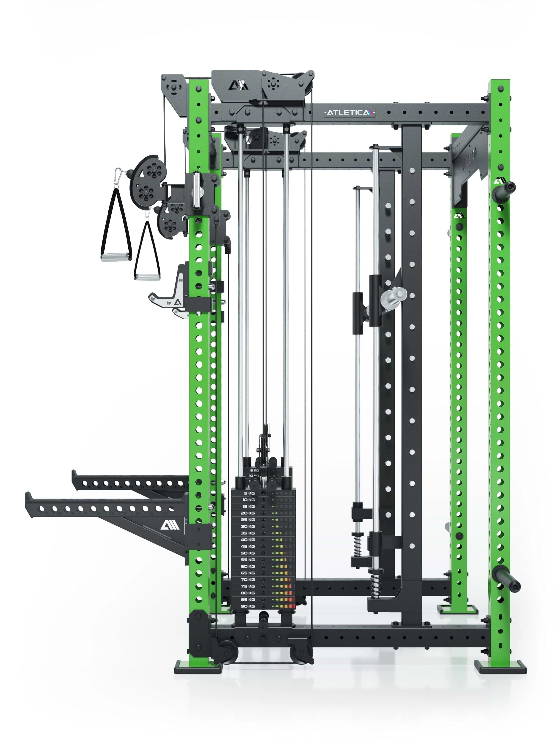 Power Racks: R8 R8 Bradley | Power Rack mit 2x90kg seitlichen Gewichtsblocks, Smith Machine und dualem Kabelzug, 