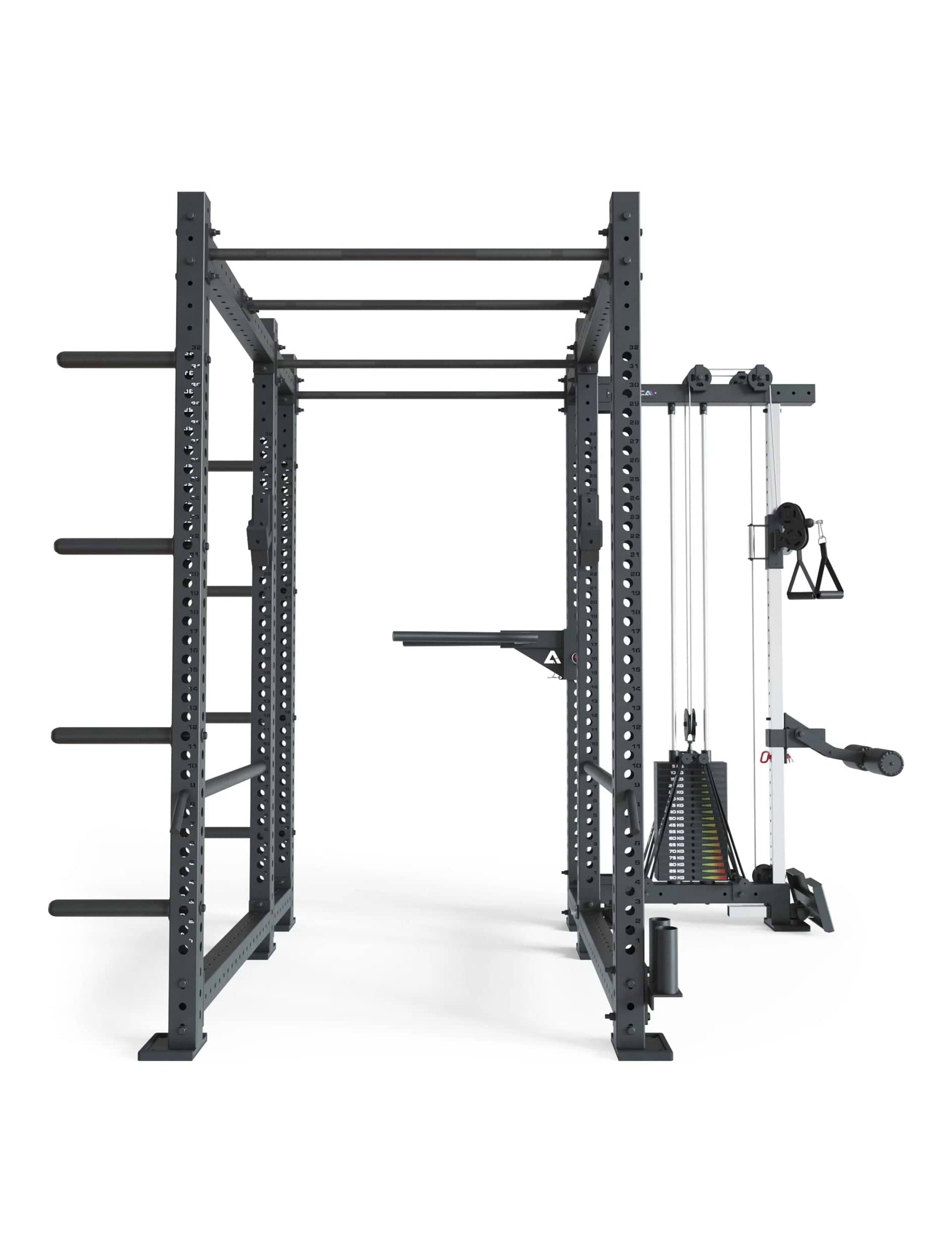 Power Rack R8-Raptor Pro: Sprossenleiter, Dip-Holme, J-Hooks, 8 Weight Pins, Safeties, Bar Holder, Landmine