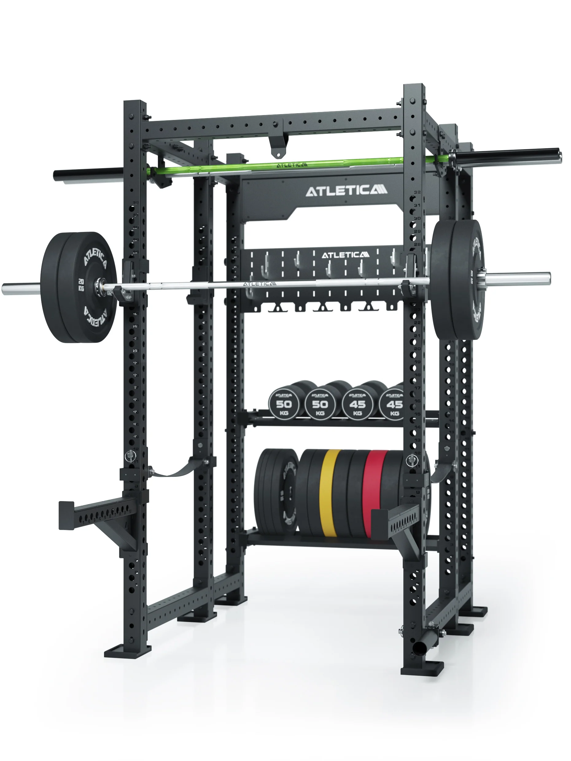 6-Pfosten Power Rack mit praktischem Storage System | Lagerregal für Kurzhanteln und Bumper Plates | Aufhängung für Boxsack | J-Hooks, Safety Straps & Spotter Arms