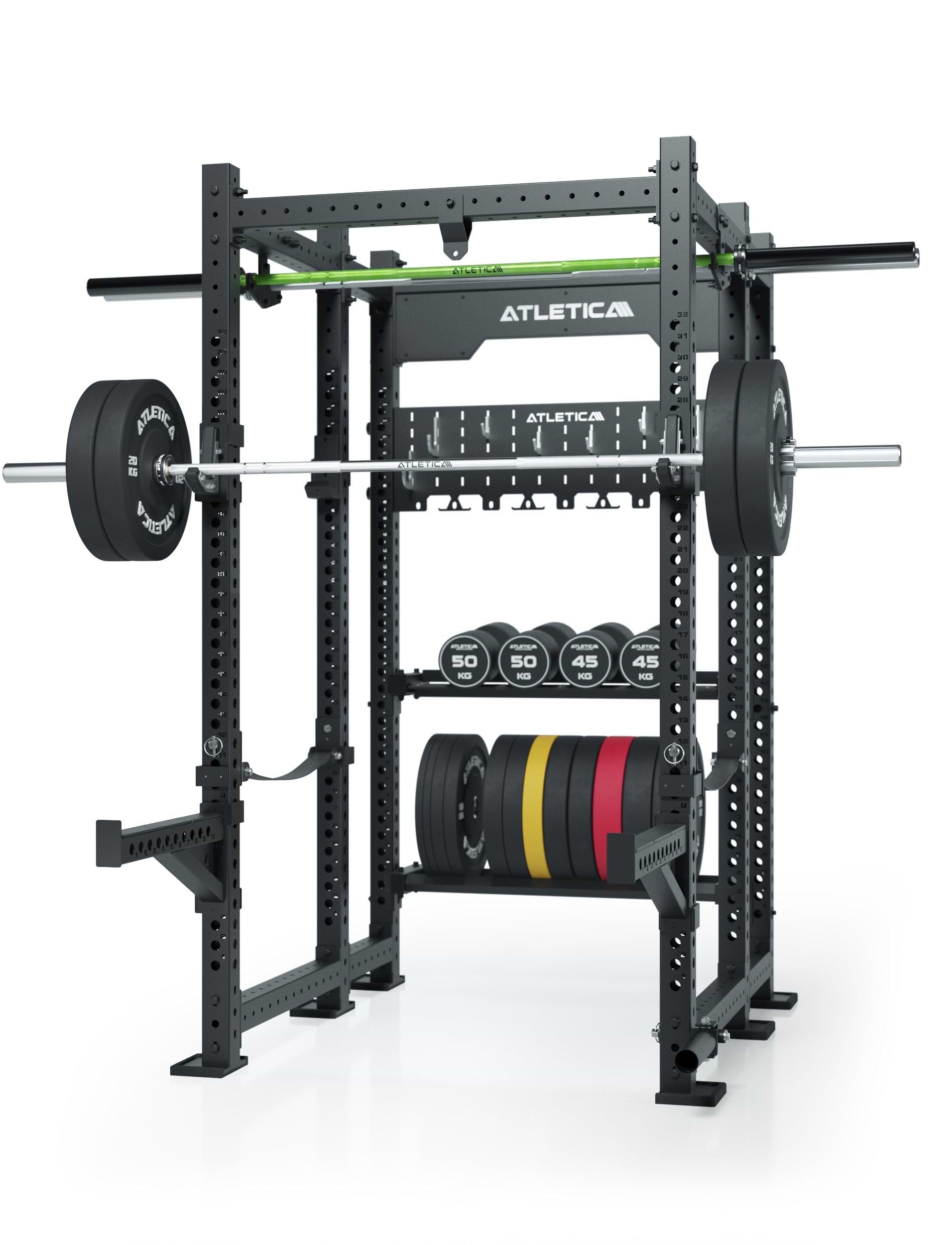 6-Pfosten Power Rack mit praktischem Storage System | Lagerregal für Kurzhanteln und Bumper Plates | Aufhängung für Boxsack | J-Hooks, Safety Straps & Spotter Arms