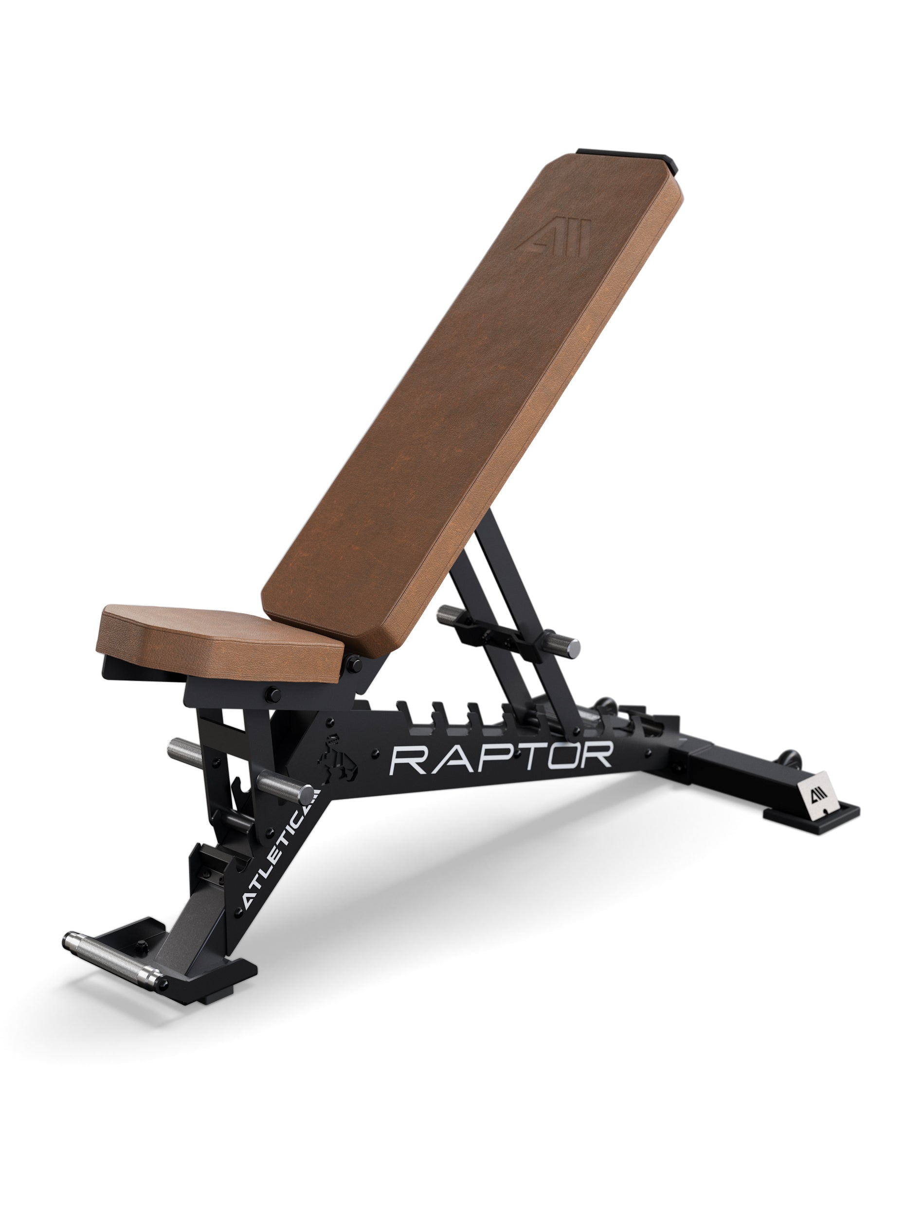 Atletica Hantelbank Raptor mit Braun Leder Polster und schwarzer Zahnplatte
