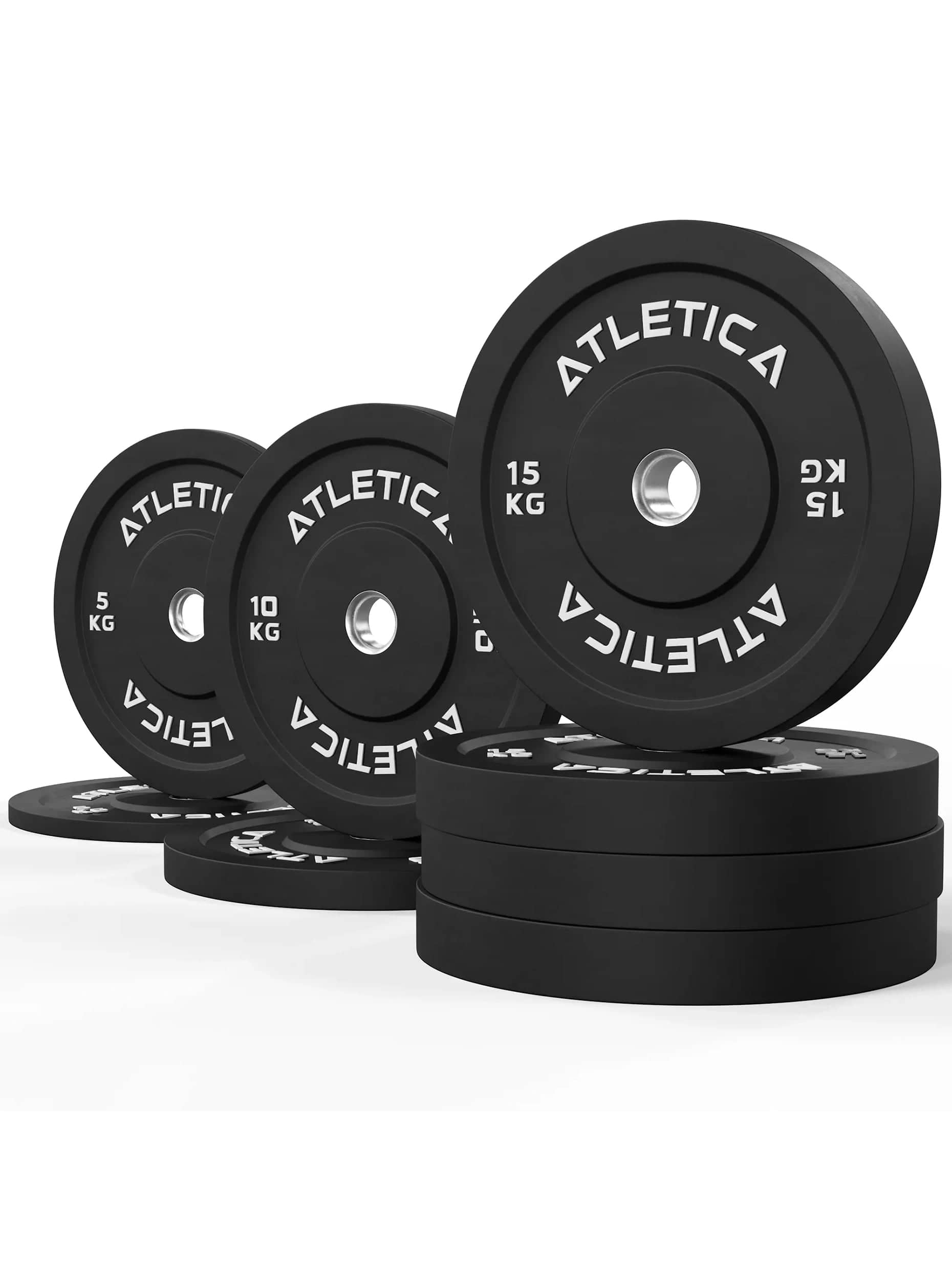 Gewichte Bumper plates: Set 90 kg Setpreis | 90 kg bestehend aus 2x 5 kg ∣ 2x 10 kg ∣ 4x 15 kg