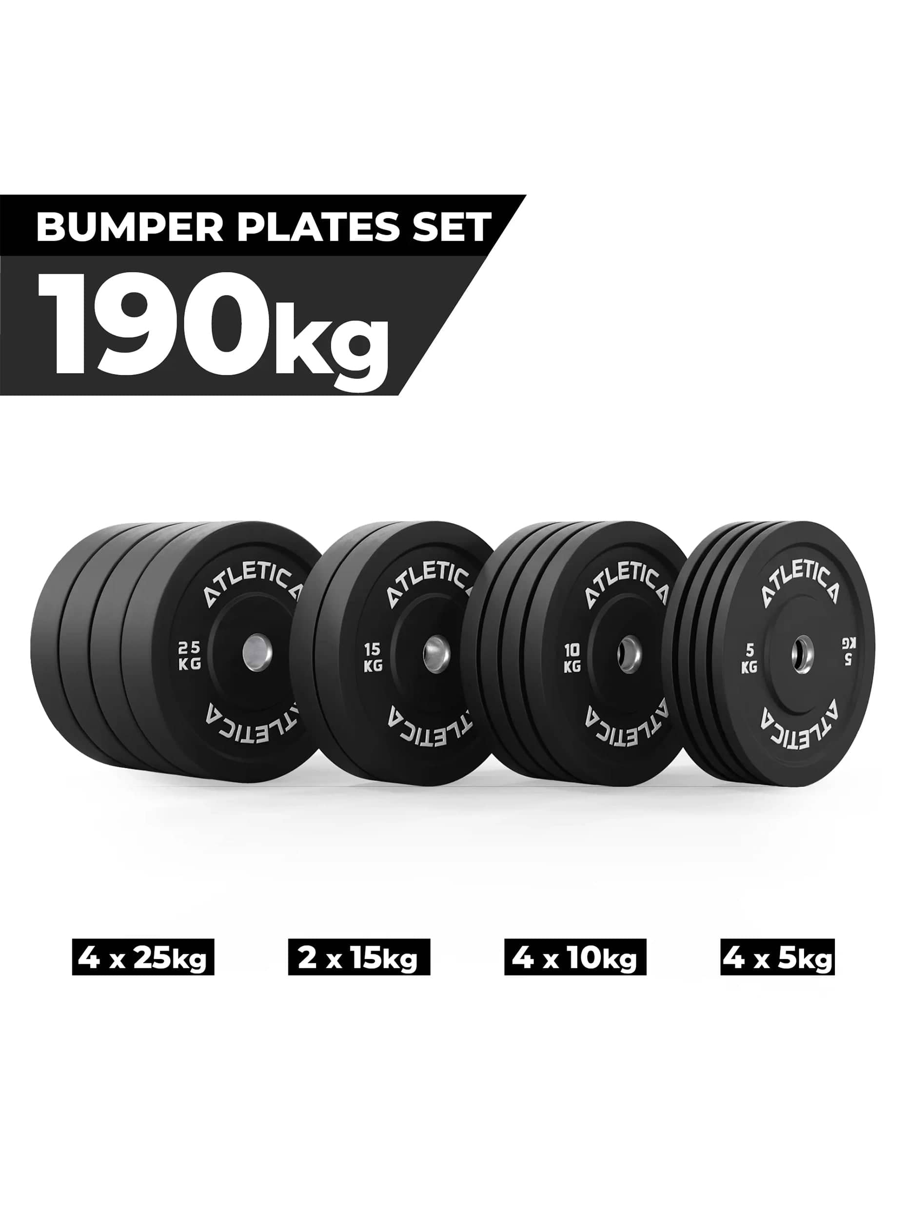 Gewichte Bumper Plates:190 kg Gewichtsscheiben bestehend aus 4x 5 kg ∣ 4x 10 kg ∣ 2x 15 kg ∣ 4x 25 kg | 50 mm