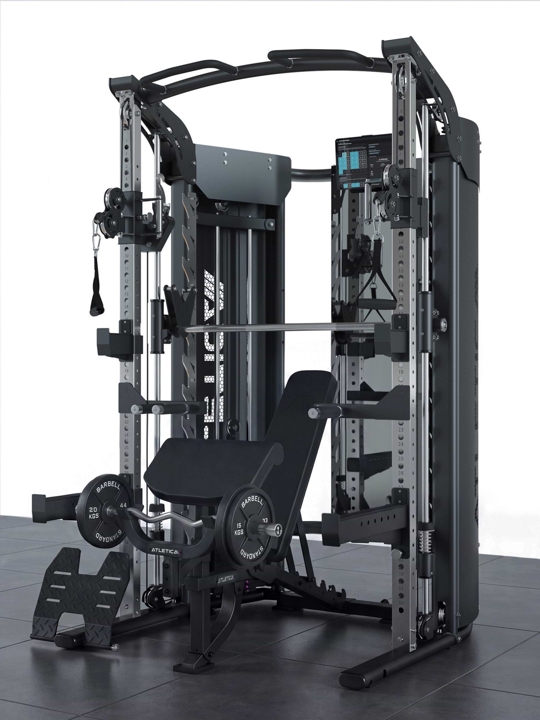 Atletica Quantum Fullbody Set: Kraftstation, B2 verstellbare Fullbody Hantelbank, 2x36 kg Quad Kurzhanteln, Classic Iron Plates und Solidprotect Bodenschutz