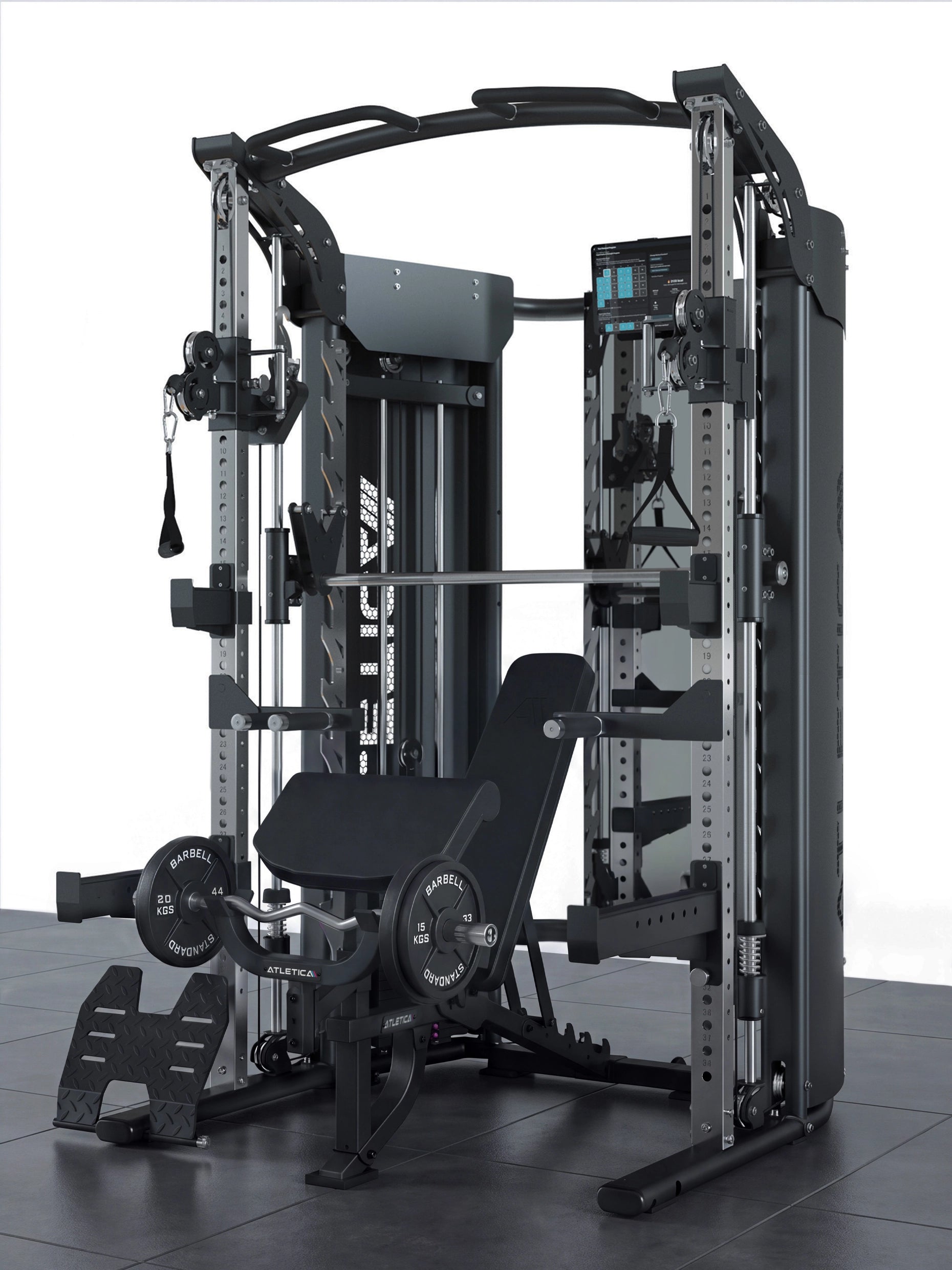 Atletica Quantum Fullbody Set: Kraftstation, B2 verstellbare Fullbody Hantelbank, 2x36 kg Quad Kurzhanteln, Classic Iron Plates und Solidprotect Bodenschutz