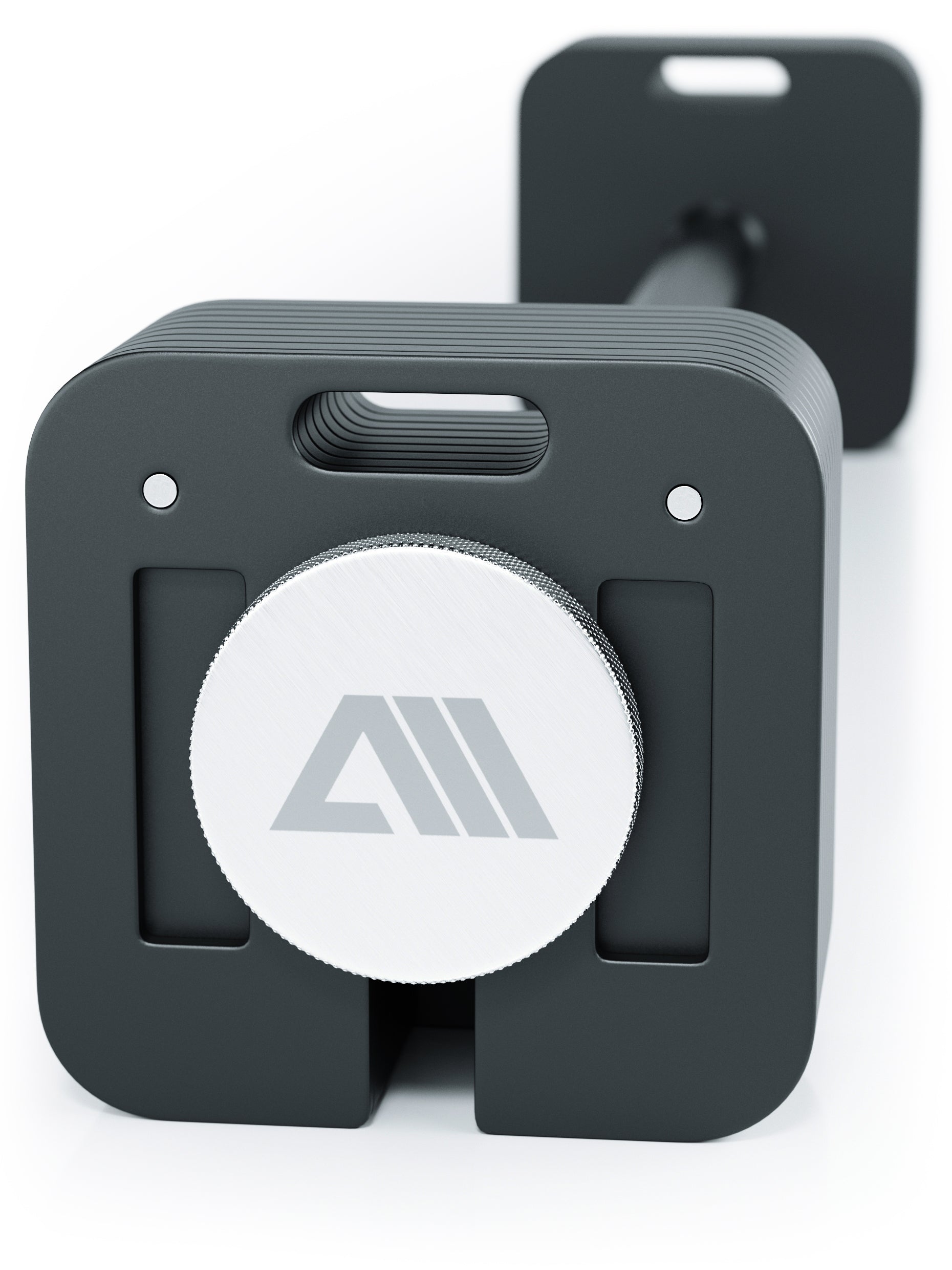 ATLETICA QUAD Langhantel Nahaufnahme Mechanismus – Rändelschraube mit Logo und gerillte Gewichtsplatten