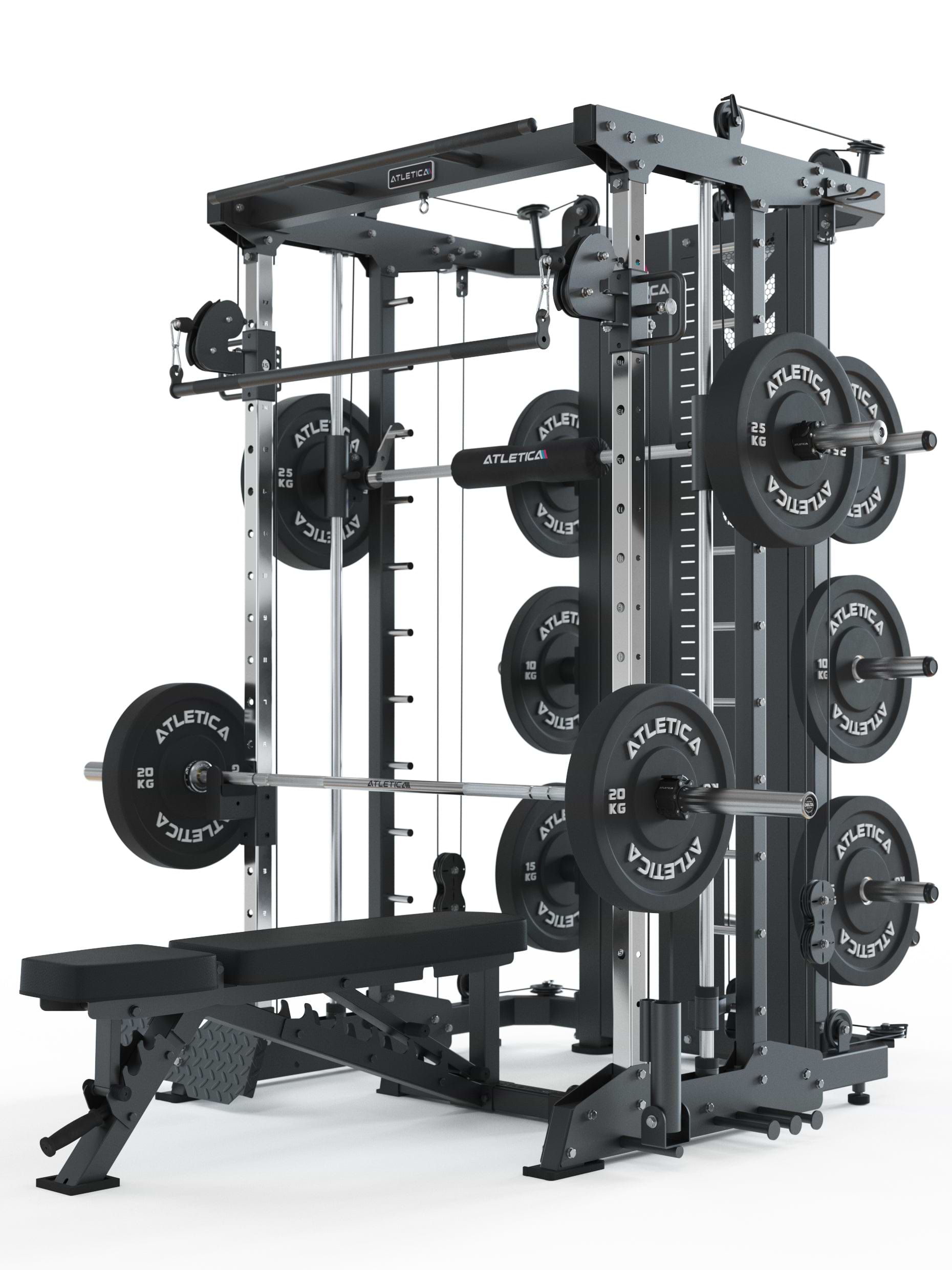 Multipresse Kraftstation: Kraftstation mit Smith Machine | Equivalent zu KSK jedoch mit Plate Load Gewichtsaufsatz