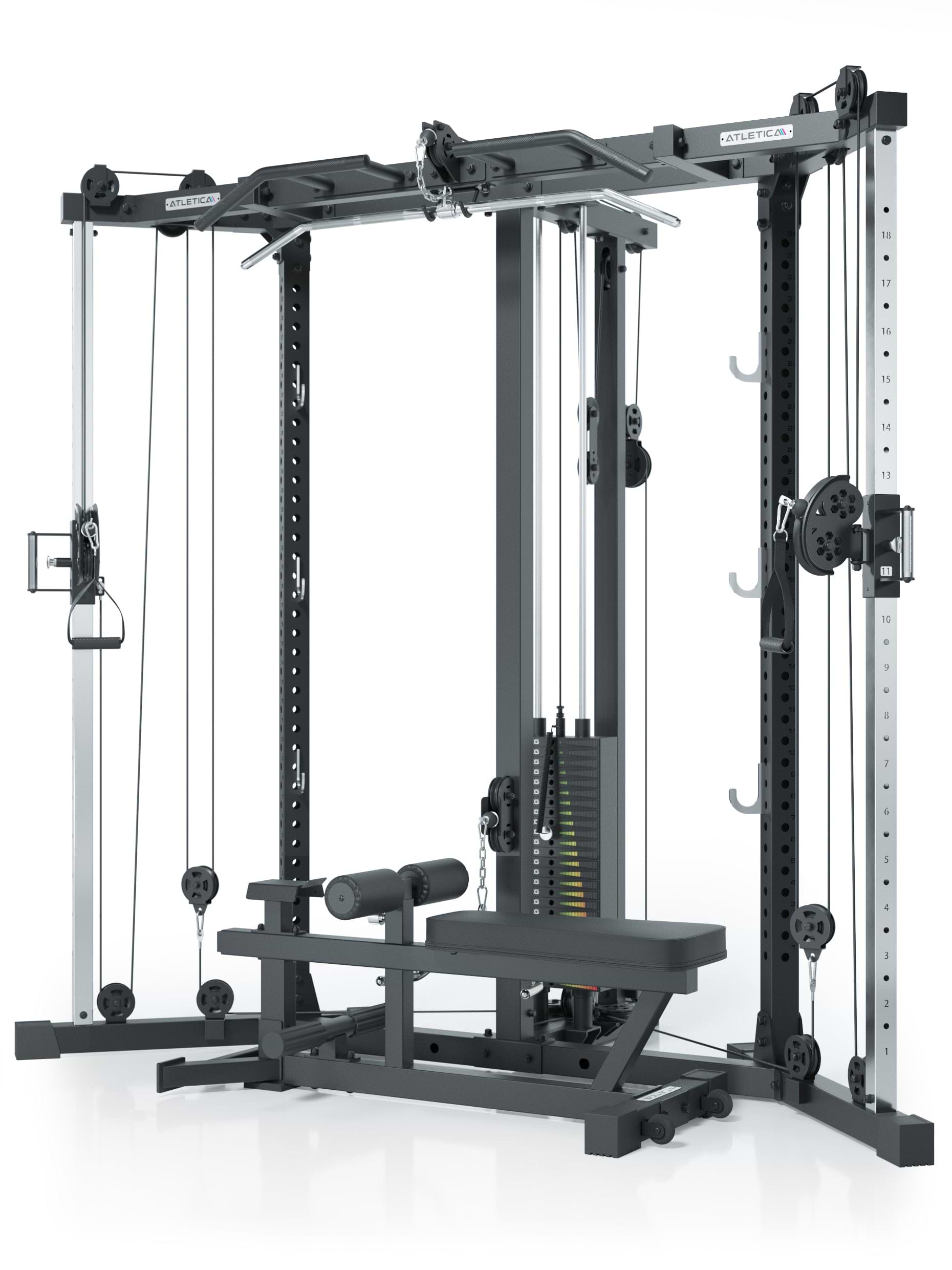 Kabelzugstation: Cross-Over-Kabelzug mit Lat- und Ruderzug | 125kg Gewichtsblock | abnehmbare Hantelbank | als Eck-Lösung für maximale Raumeffizienz: