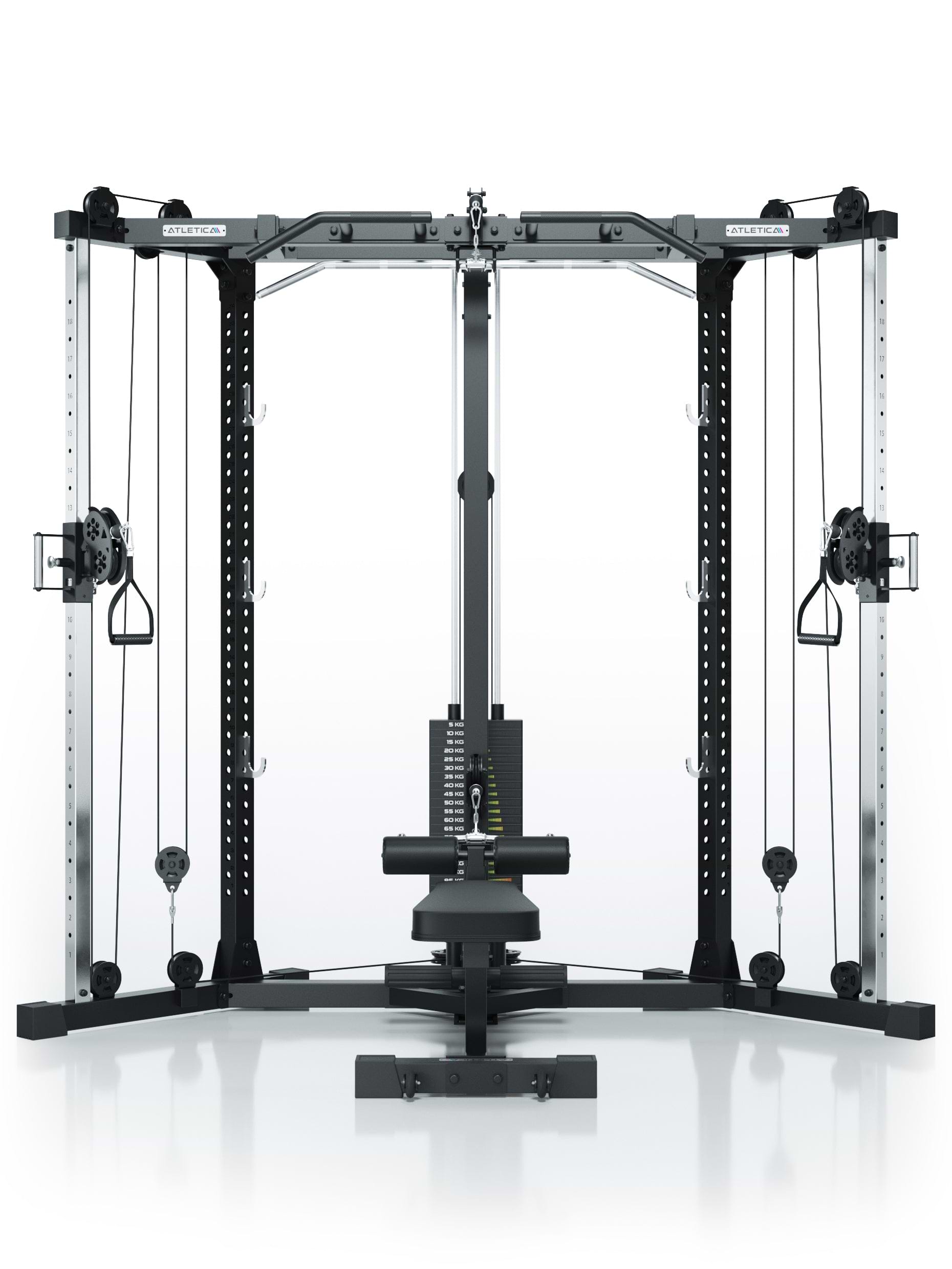 Kabelzugstation X-Tria mit Steckgewichten und Hantelbank: 