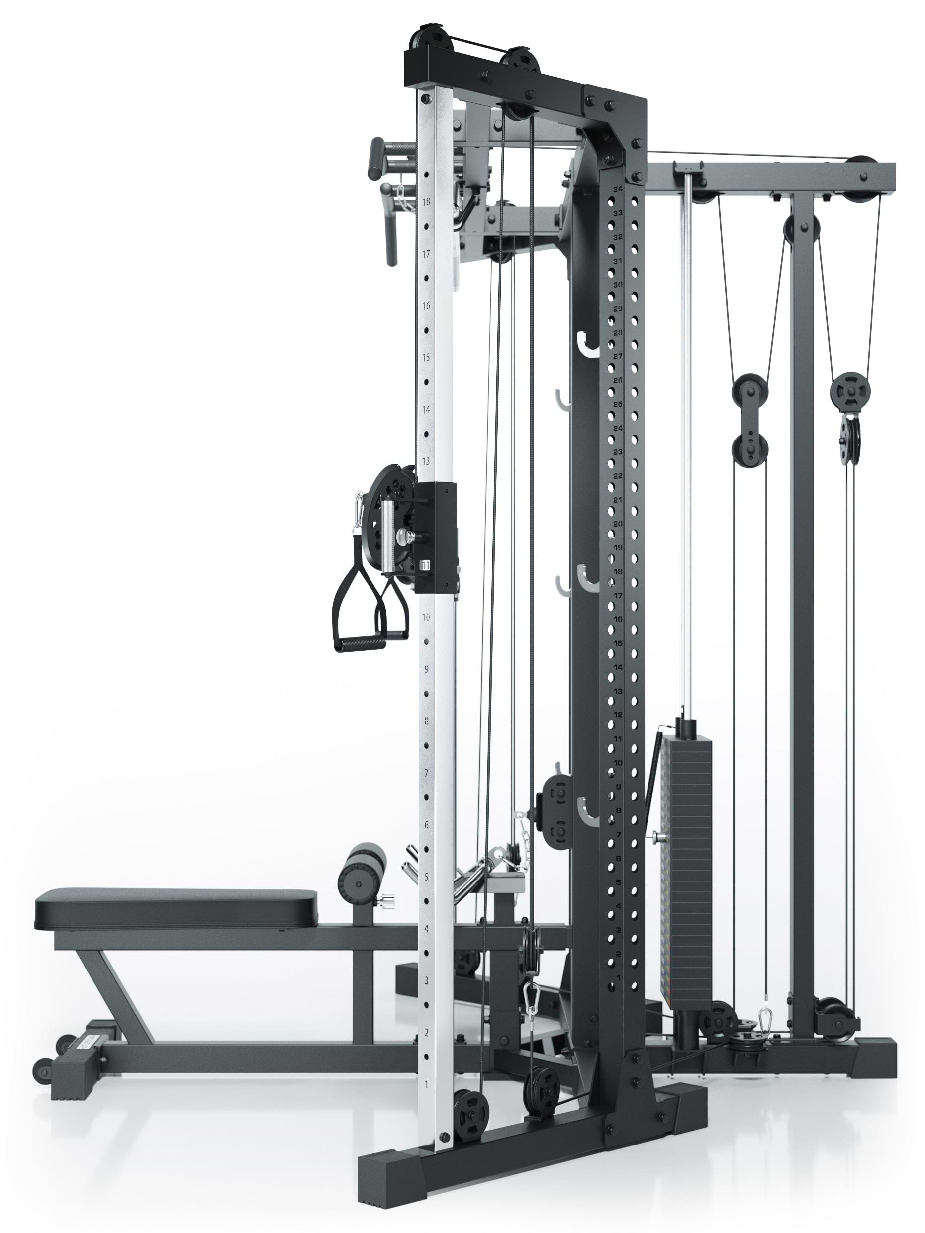 Kabelzugstation: X-TRIA mit 125kg Gewichten, als Eck-Lösung für maximale Raumeffizienz: