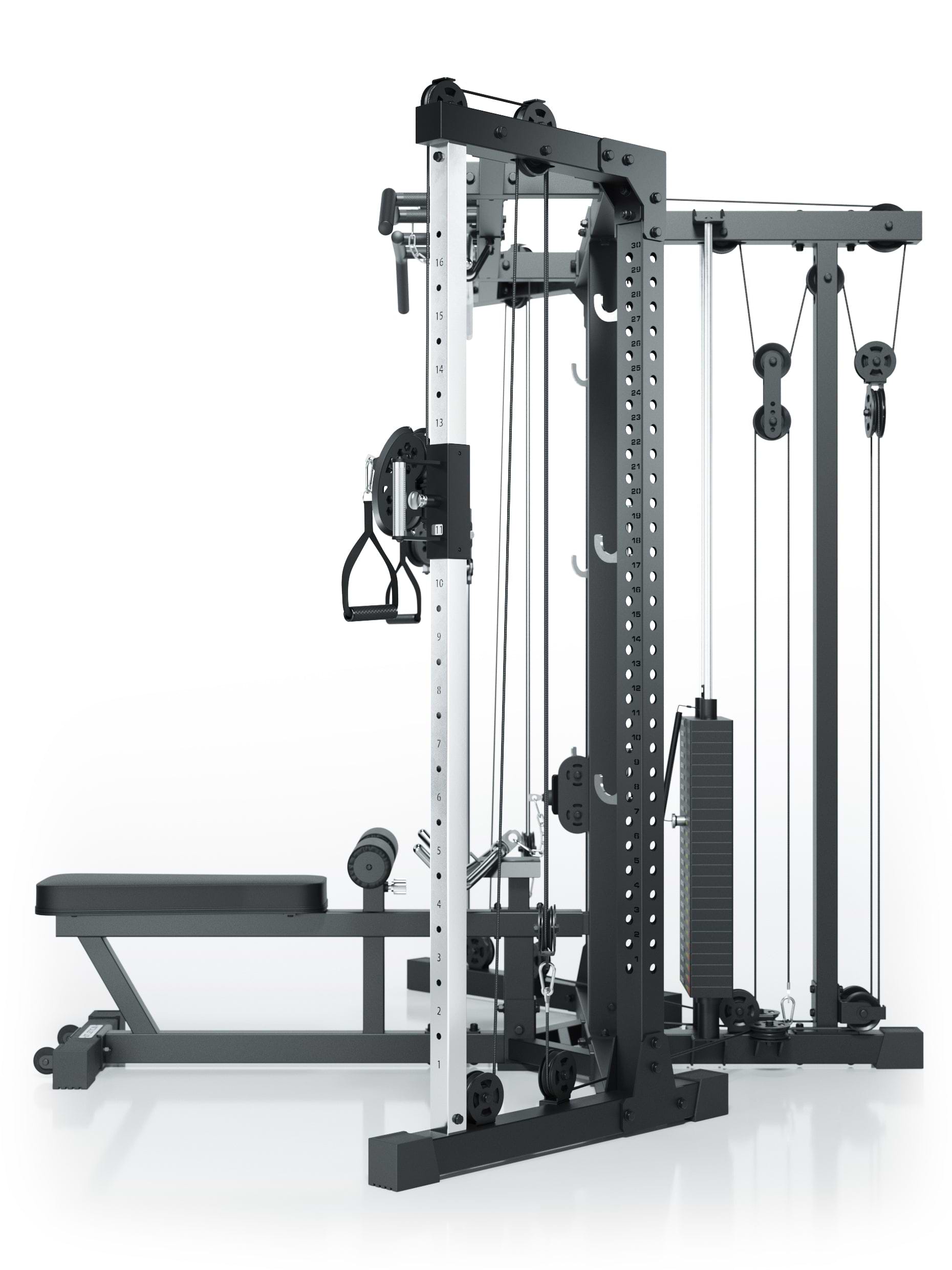 Kabelzugstation X-TRIA mit Steckgewichten, als Eck-Lösung für maximale Raumeffizienz: 