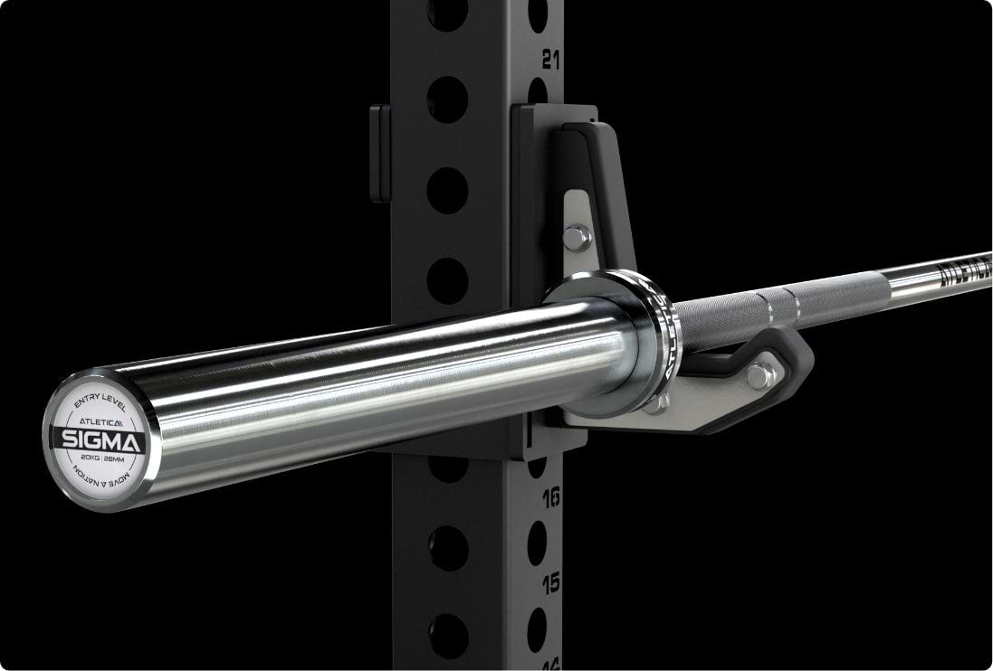 Hantelstange Sigma: 2200 mm Länge, 20 kg Gewicht und bis zu 500 kg Belastbarkeit und einem Griffdurchmesser von 28 mm