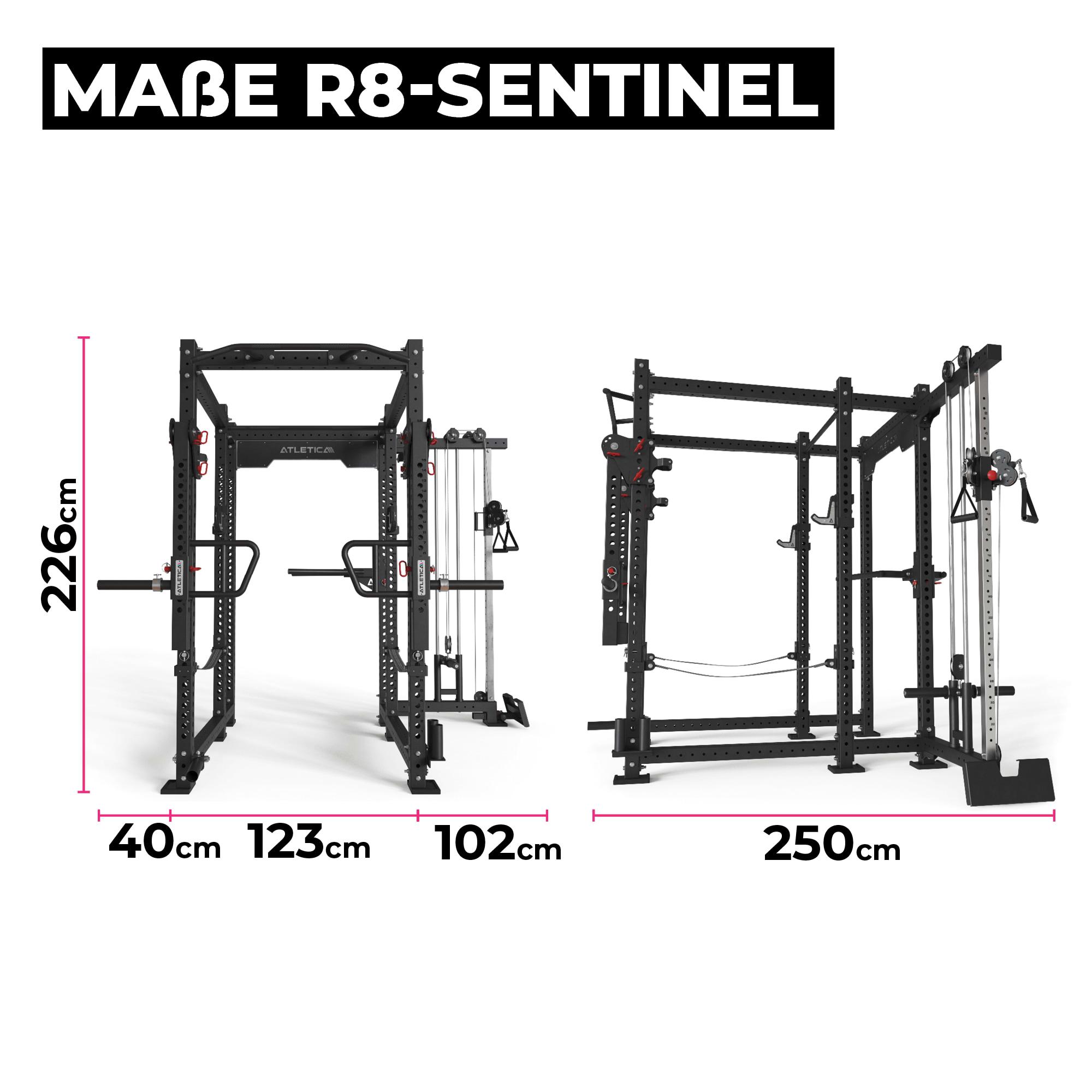 R8-Sentinel Power Rack: Plate Loaded Cable Rack mit Jammer Arms, J-Hooks, Safety Straps, Dip-Station, Logo Plate, 2 Pull-Up Bars, Landmine & Bar Holder