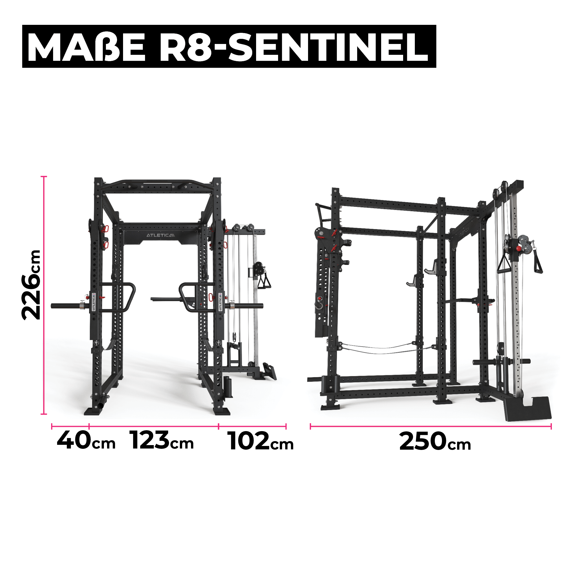 R8-Sentinel Power Rack: Plate Loaded Cable Rack mit Jammer Arms, J-Hooks, Safety Straps, Dip-Station, Logo Plate, 2 Pull-Up Bars, Landmine & Bar Holder