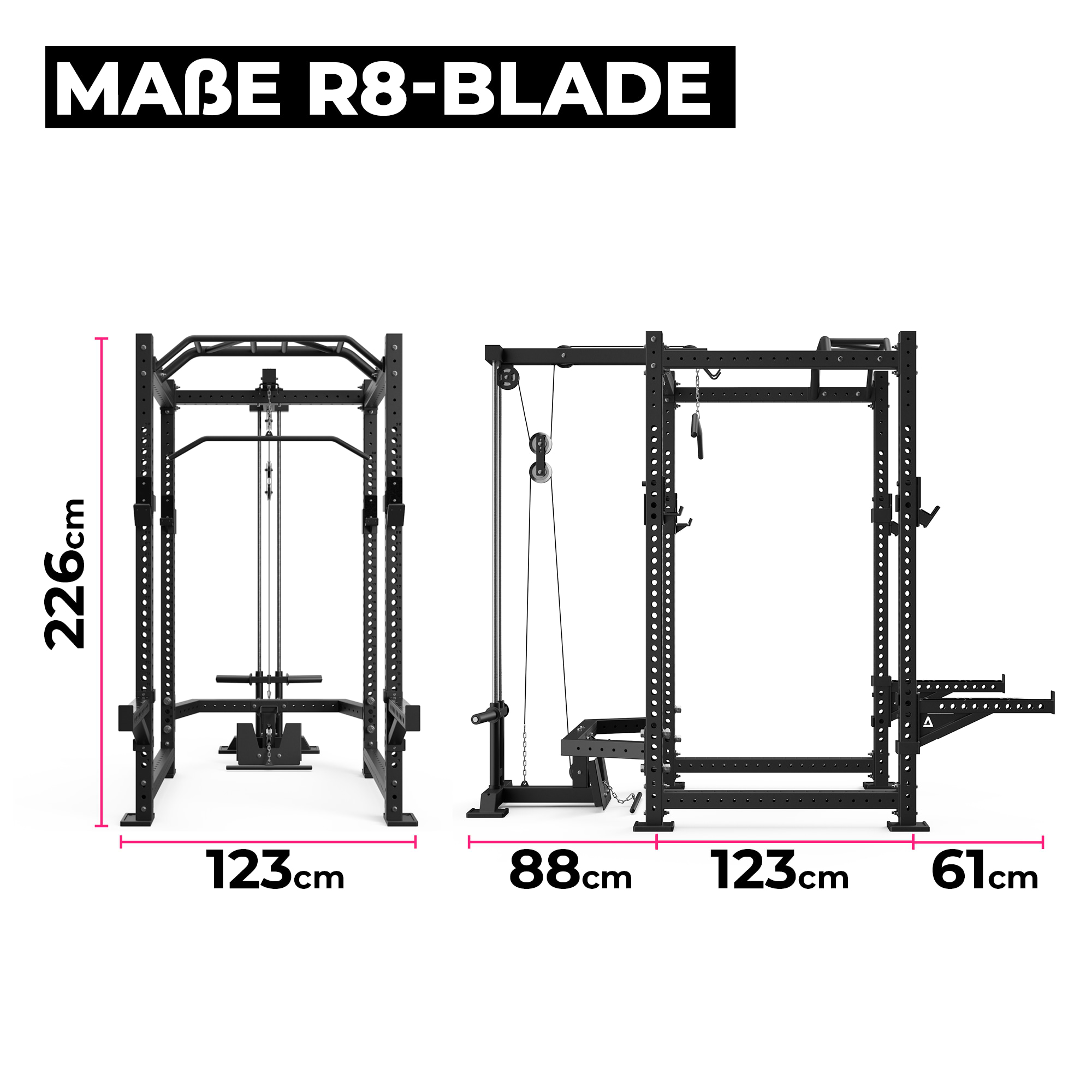 R8-Blade Power Rack: Full Rack mit Latzug | Multi-Grip Bar, Spotter Arms, 4 J-Hooks | 226 cm Höhe | Next Level Squat Rack | 123x211 cm Grundfläche | 213 kg schwer | Erweiterbar