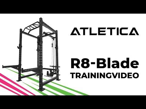 Full Rack mit Latzug, Power Rack R8-Blade: Multi-Grip Bar, Spotter Arms, 4 J-Hooks | 226 cm Höhe | Next Level Squat Rack | 123x211 cm Grundfläche | 213 kg schwer | Erweiterbar