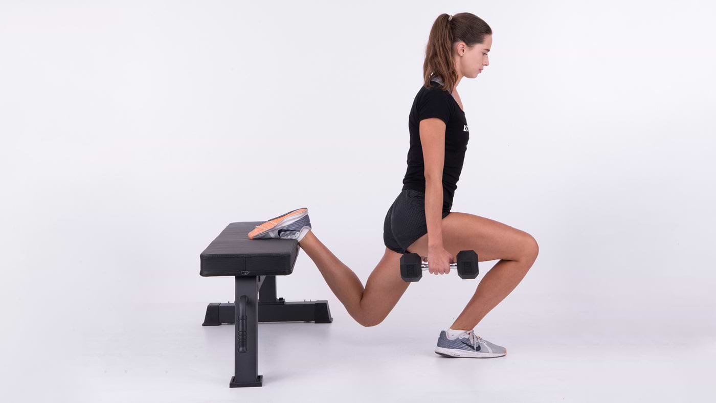 Split Squat auf der Hantelbank mit Kurzhanteln