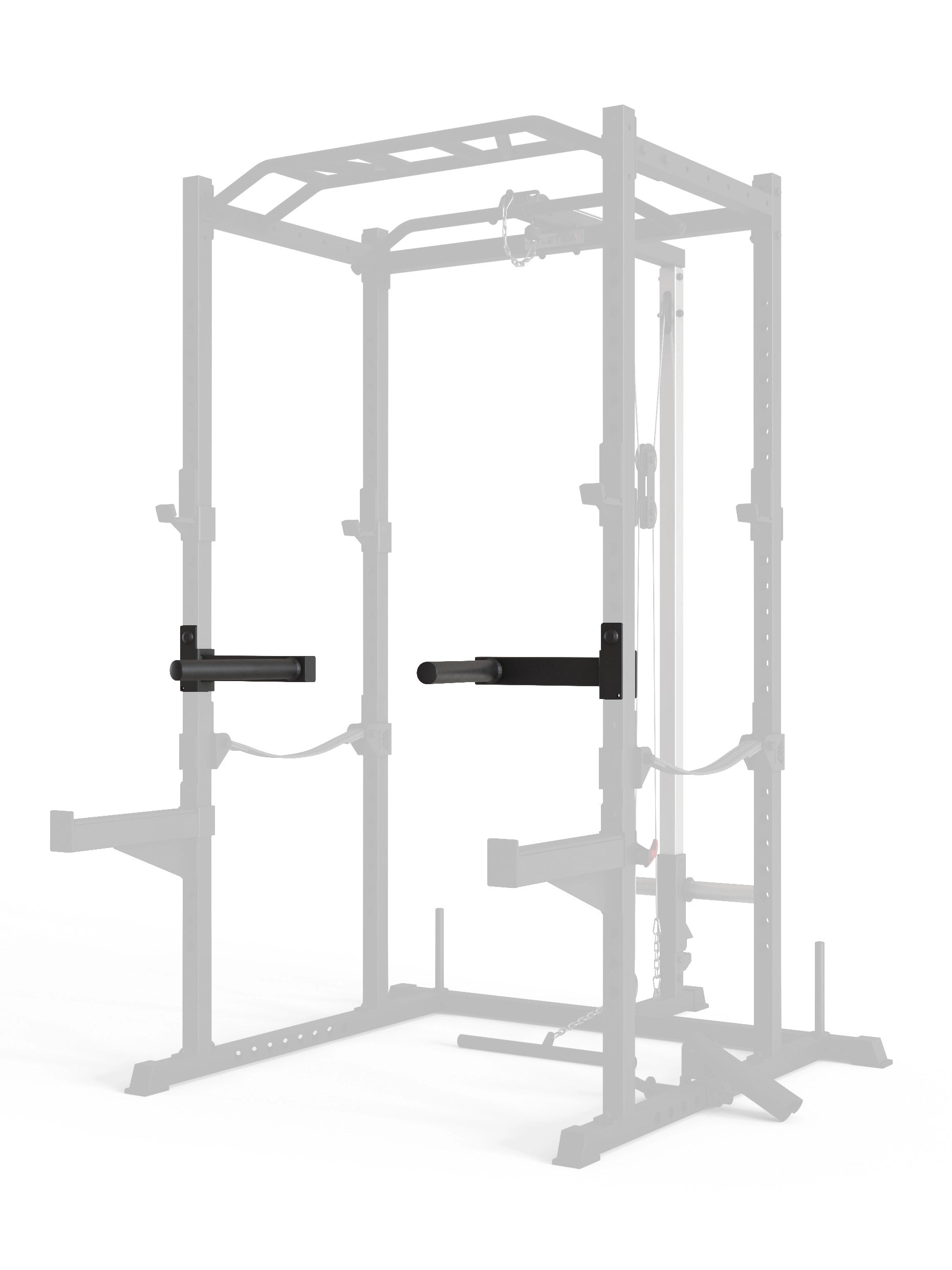 ATLETICA R5 Dip Bar – Montage am Power Rack, Seitenansicht mit sichtbarer Einhandbedienung
