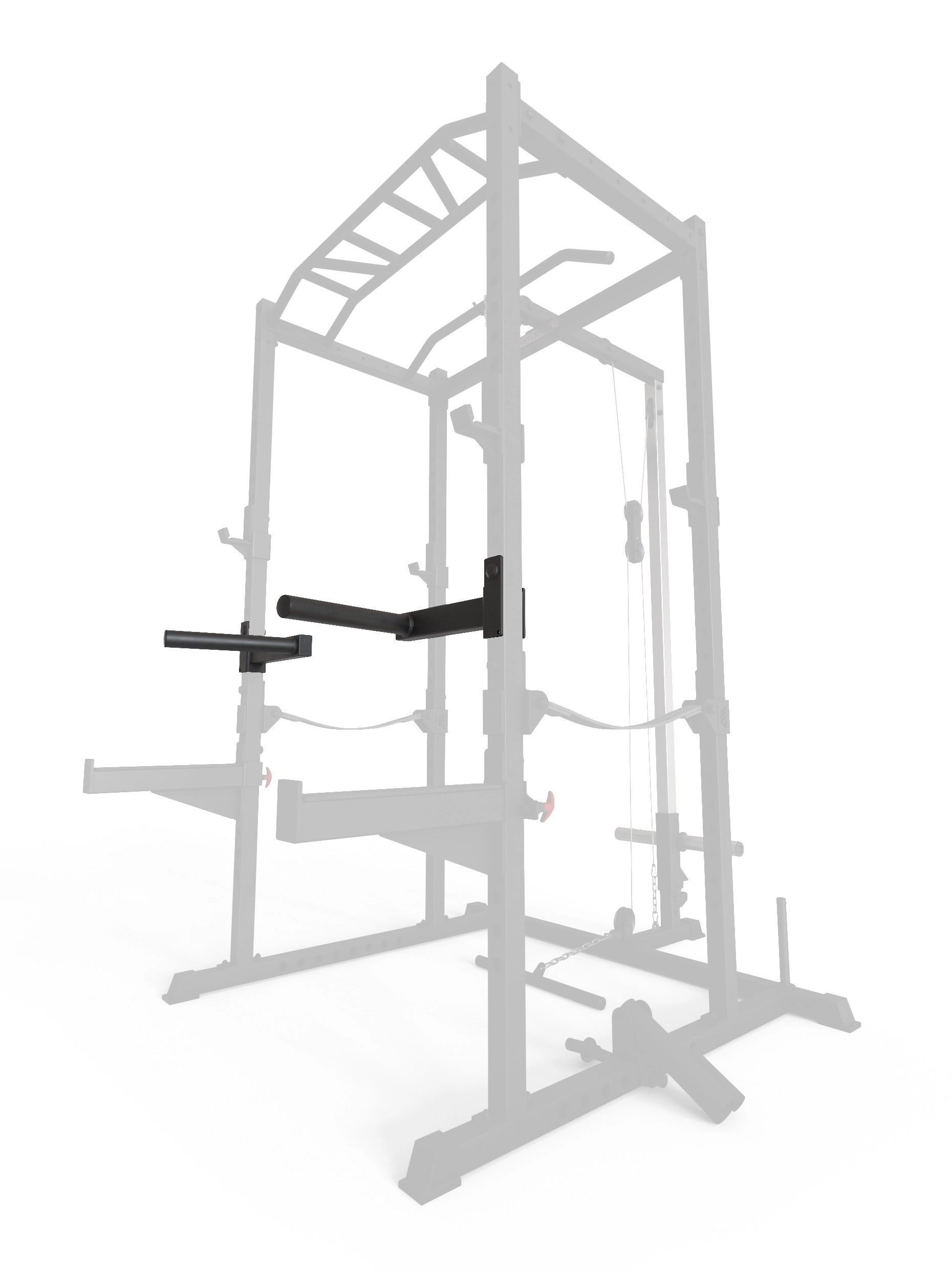 ATLETICA R5 Dip Bar – Schrägansicht am vollständigen Power Rack, perfekte Integration