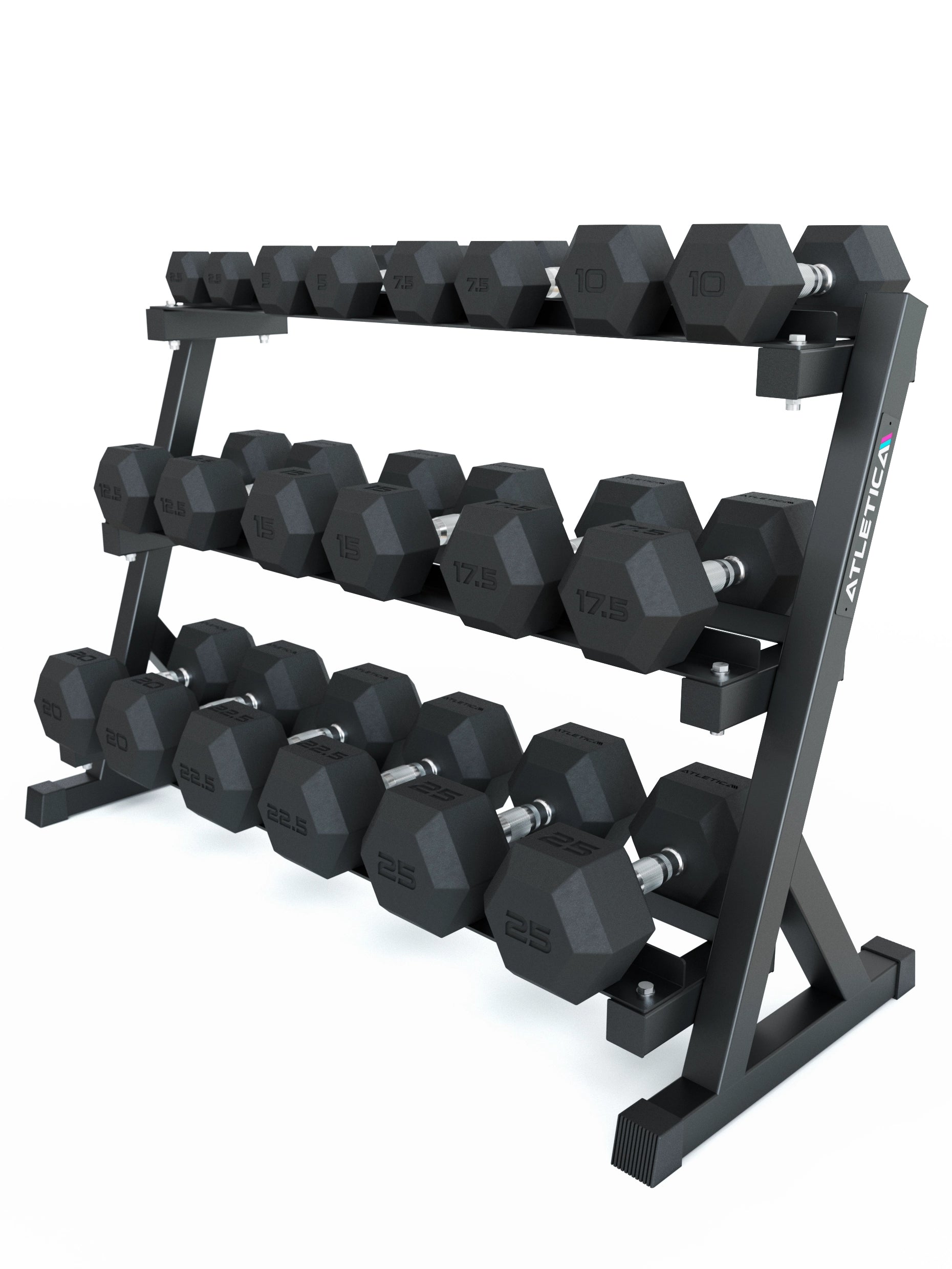 Hexagon Kurzhanteln Set 2,5-25 kg, auf Kurzhantelablage angeordnet