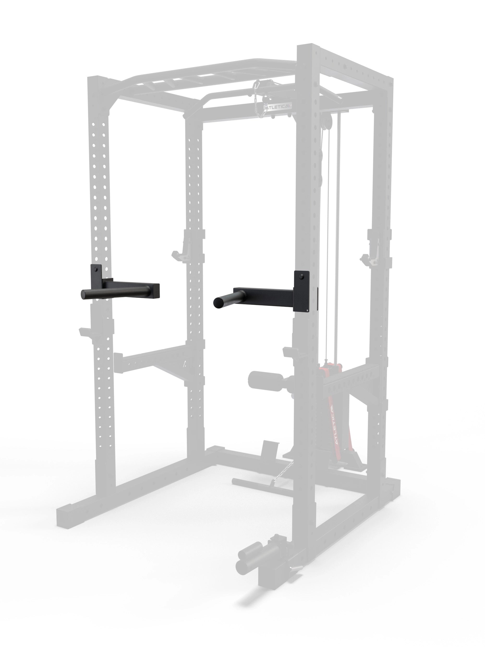 R7 Dip Station montiert am Power Rack für Dips und Oberkörpertraining mit parallelen Stahlgriffen