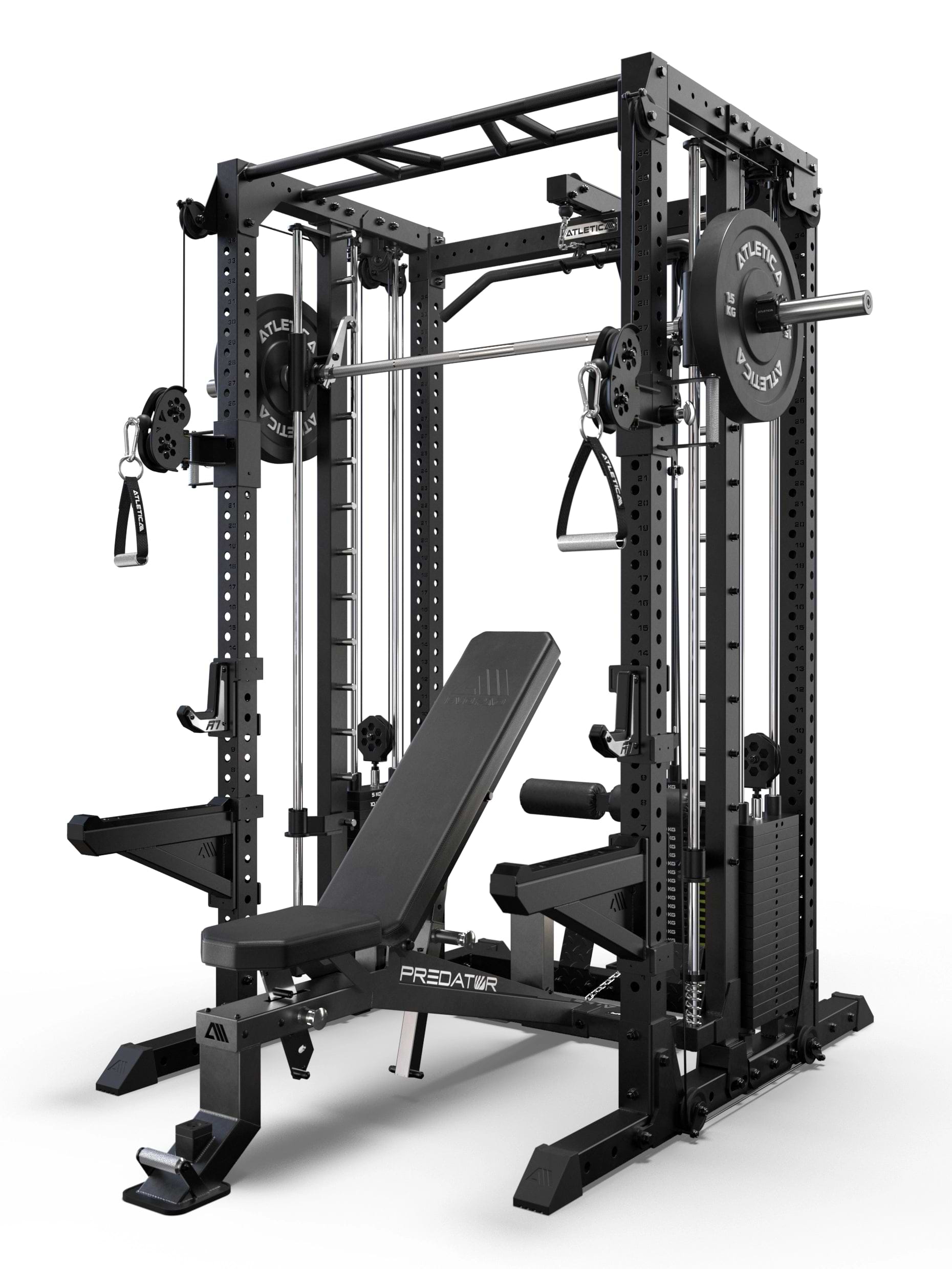 R7-Fighter Power Rack mit Predator verstellbarer Hantelbank in schwarzer Ausführung und integrierter Multipresse