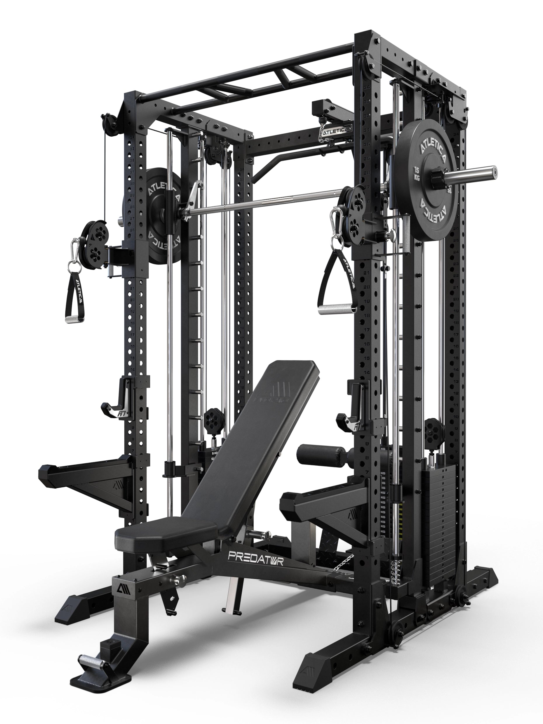 R7-Fighter Power Rack mit Predator verstellbarer Hantelbank in schwarzer Ausführung und integrierter Multipresse