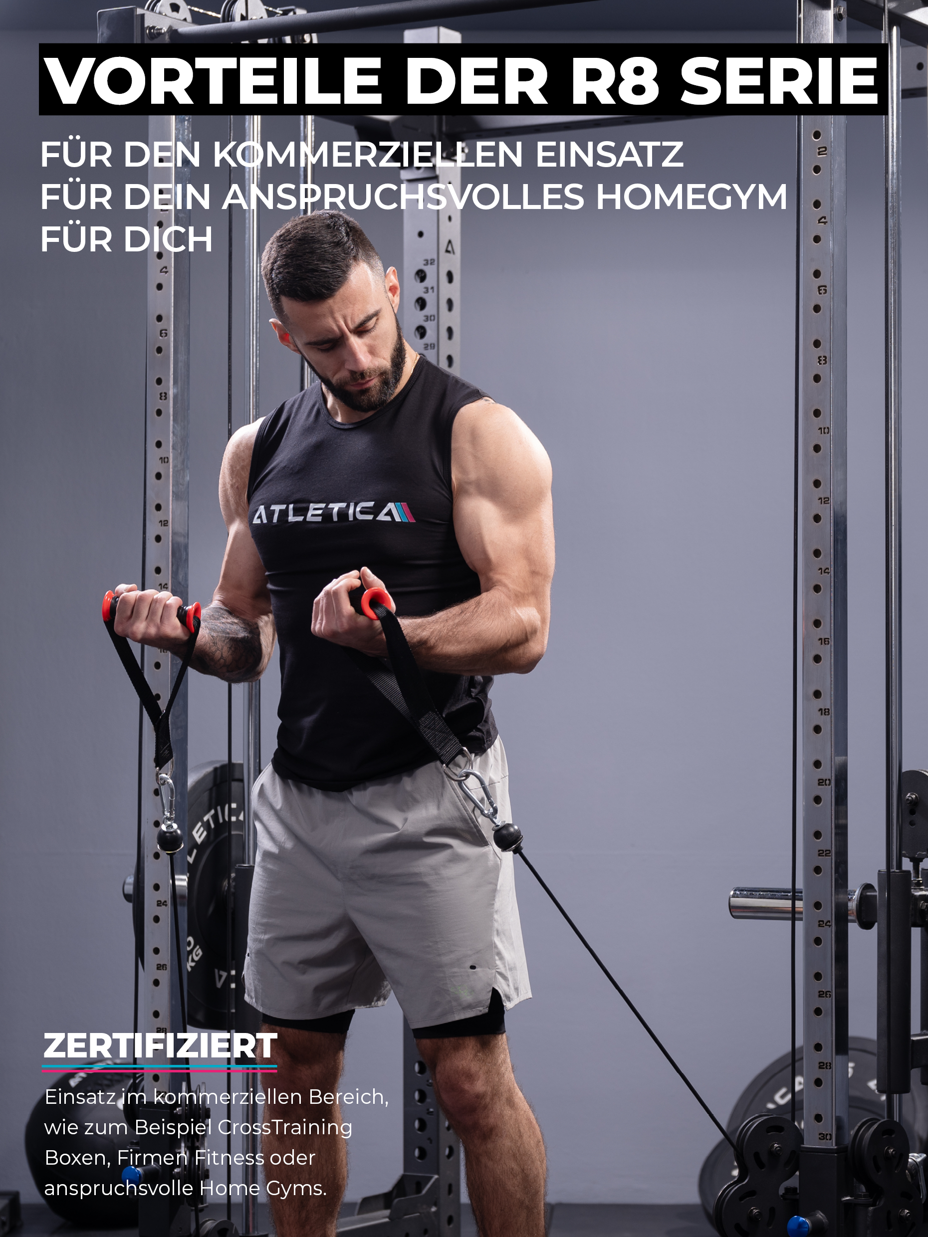 Power Cage R8-Blade: mit Latzug, Multi-Grip Bar, Spotter Arms, 4 J-Hooks | 226 cm Höhe | Next Level Squat Rack | 123x211 cm Grundfläche | 213 kg schwer | Erweiterbar