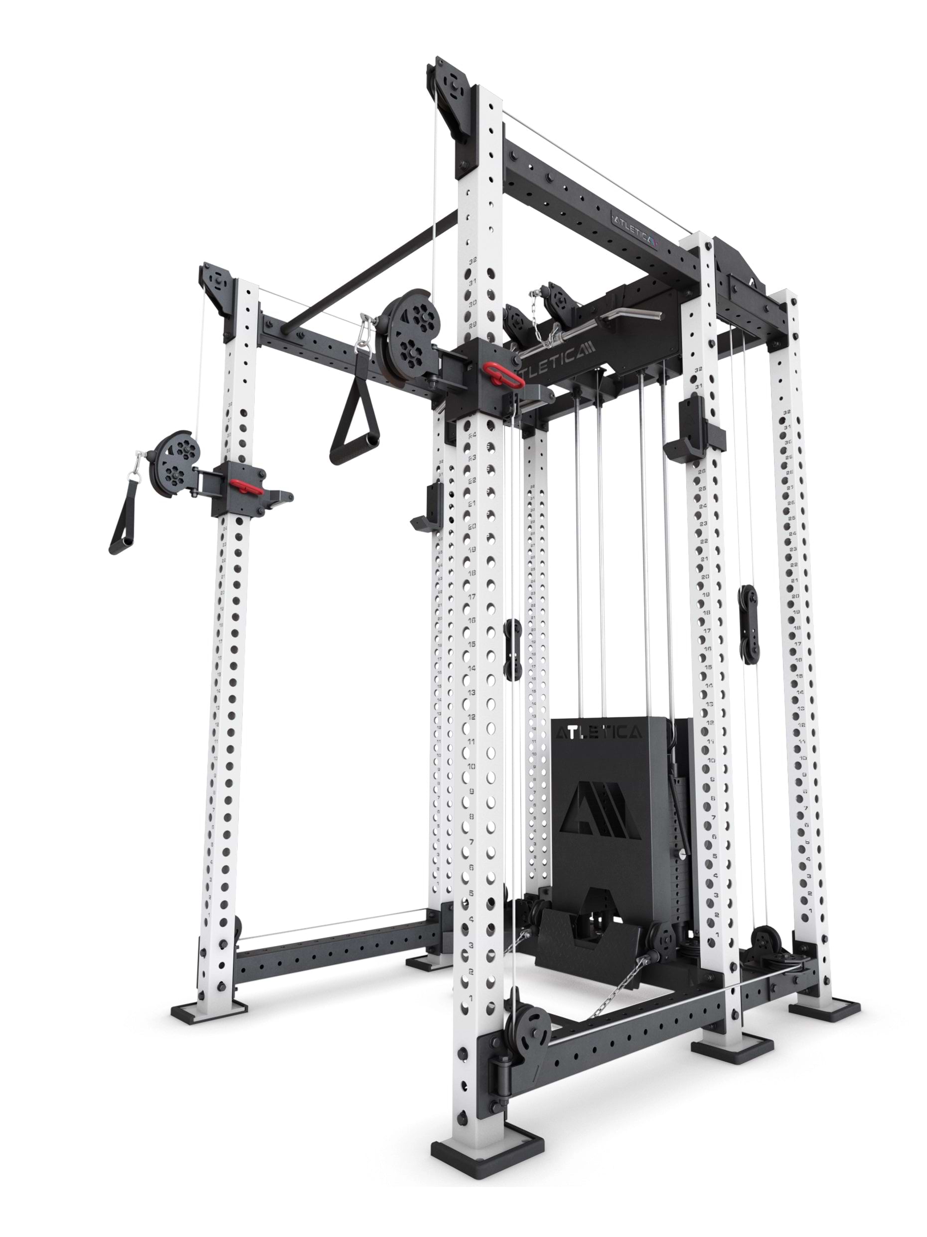 ATLETICA R8 Alpha Power Rack in Weiß – Squat Rack & Kabelzug mit 180 kg Steckgewichten