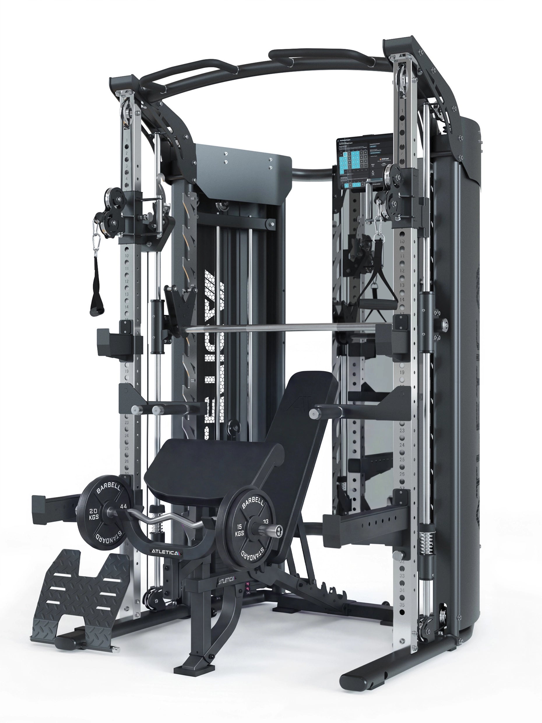 Atletica Quantum Fullbody Set: Kraftstation, B2 verstellbare Fullbody Hantelbank, 2x36 kg Quad Kurzhanteln, Classic Iron Plates und Solidprotect Bodenschutz