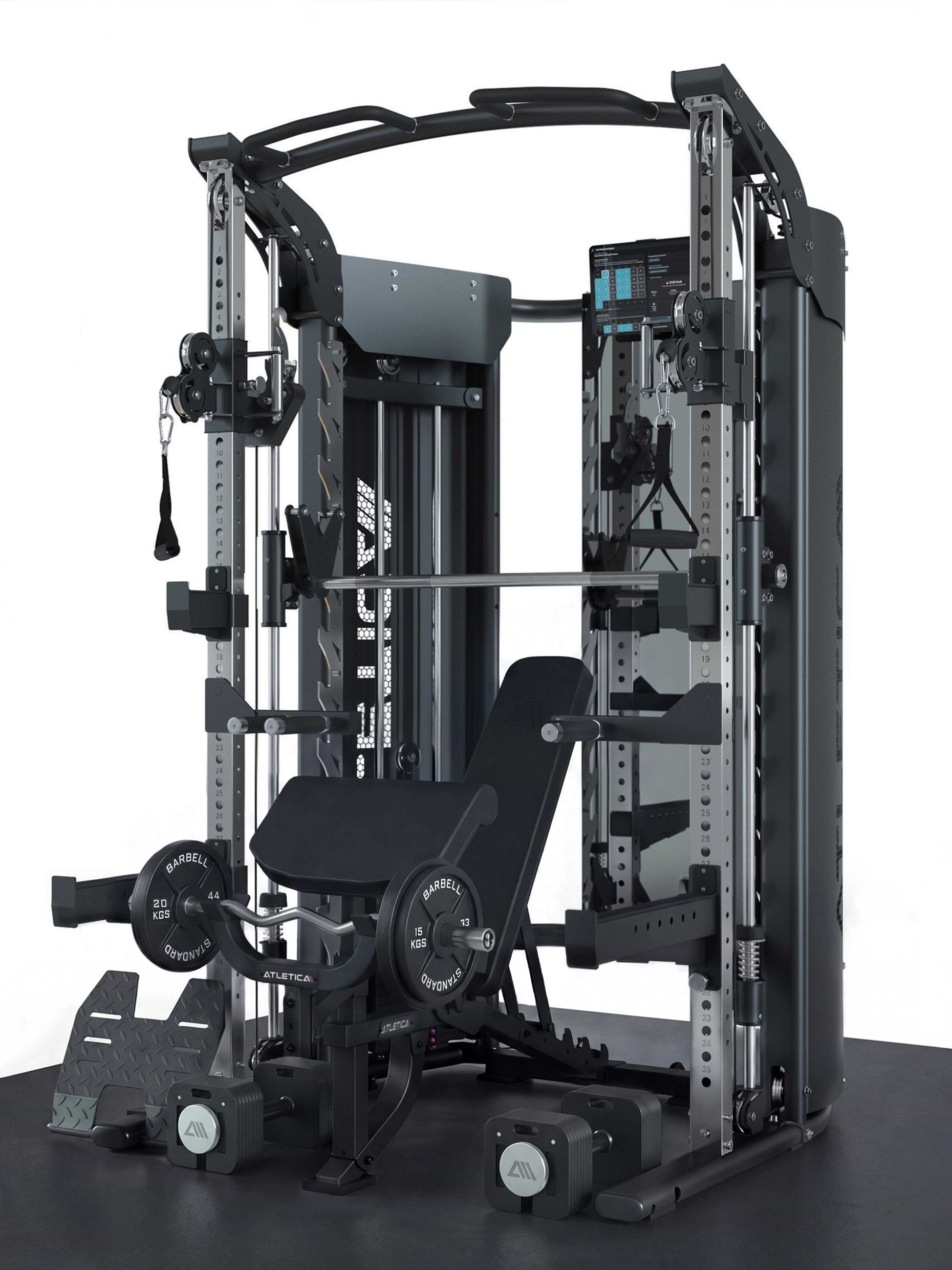 Atletica Quantum Fullbody Set: Kraftstation, B2 verstellbare Fullbody Hantelbank, 2x36 kg Quad Kurzhanteln, Classic Iron Plates und Solidprotect Bodenschutz
