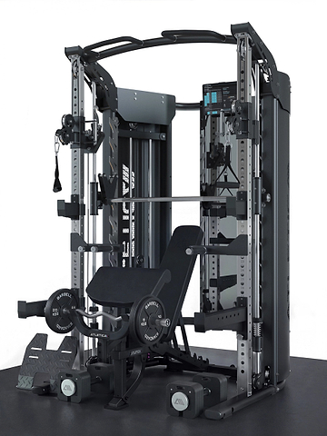 Atletica Quantum Fullbody Set: Kraftstation, B2 verstellbare Fullbody Hantelbank, 2x36 kg Quad Kurzhanteln, Classic Iron Plates und Solidprotect Bodenschutz