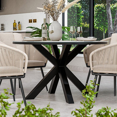 Bali 4 Seater Round Ceramic Glass Dining Set with Bali Rope Chairs