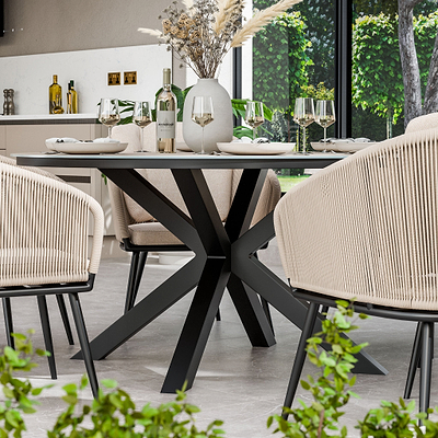 Bali 6 Seater Round Ceramic Glass Dining Set with Bali Rope Chairs