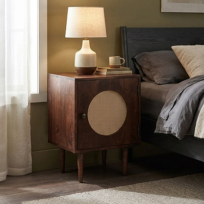 Elsie Dark Stain Mango Bedside Table with Cane Door