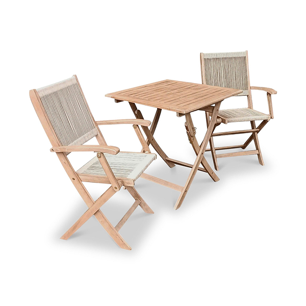 London FSC Acacia 2 Seater Square Folding Bistro Set with London Rope Folding Armchairs