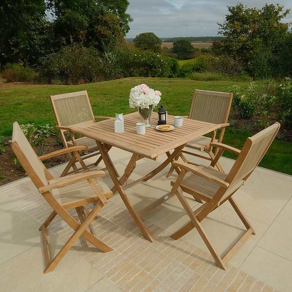 London FSC Acacia 4 Seater Square Folding Bistro Set with London Rope Folding Armchairs