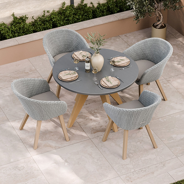 Luna 4 Seater Round Concrete Dining Set with Sol Rattan Dining Chairs