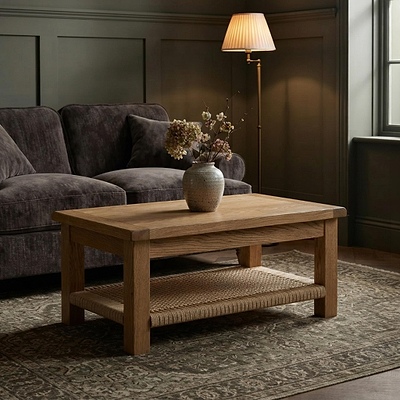 Zelah Oak Coffee Table With Woven Shelf