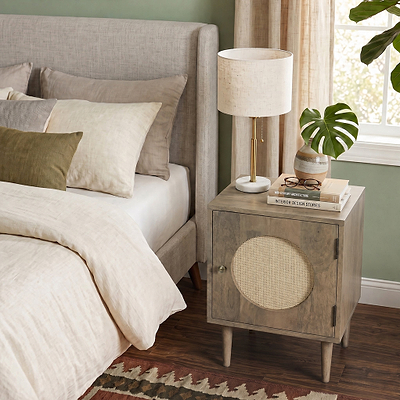 Elsie Light Stain Mango Bedside Table with Cane Door